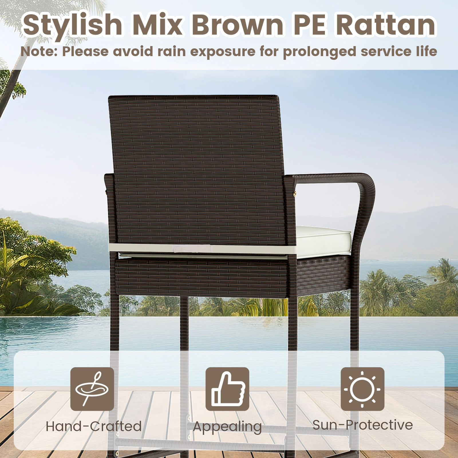 SUGIFT 3-Piece Outdoor Patio Wicker Bar Set, Glass-Top Table and 2 Rattan Bar Chairs