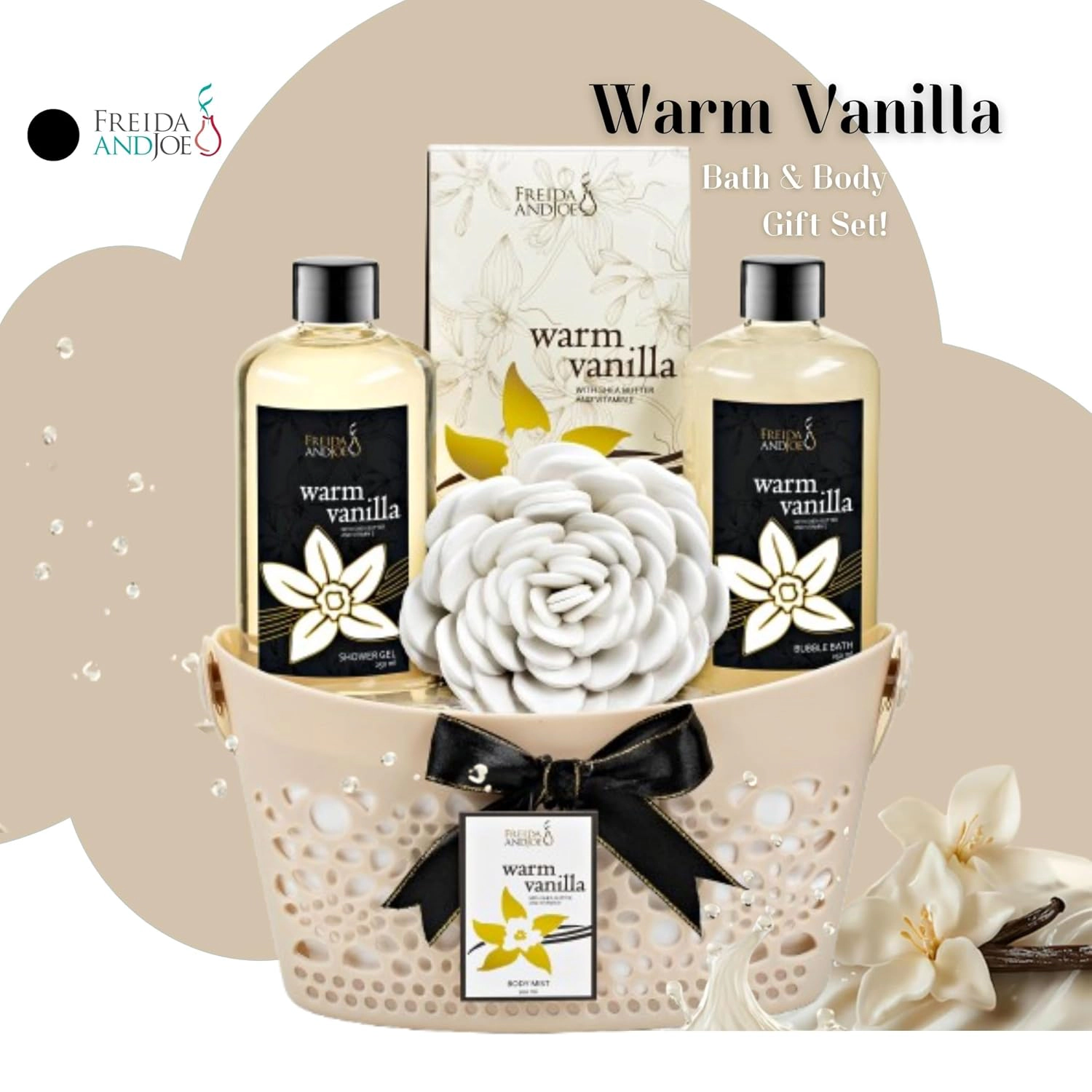 Freida and Joe Women Warm Vanilla Bath and Body Spa Set in a Reusable Beautiful Basket
