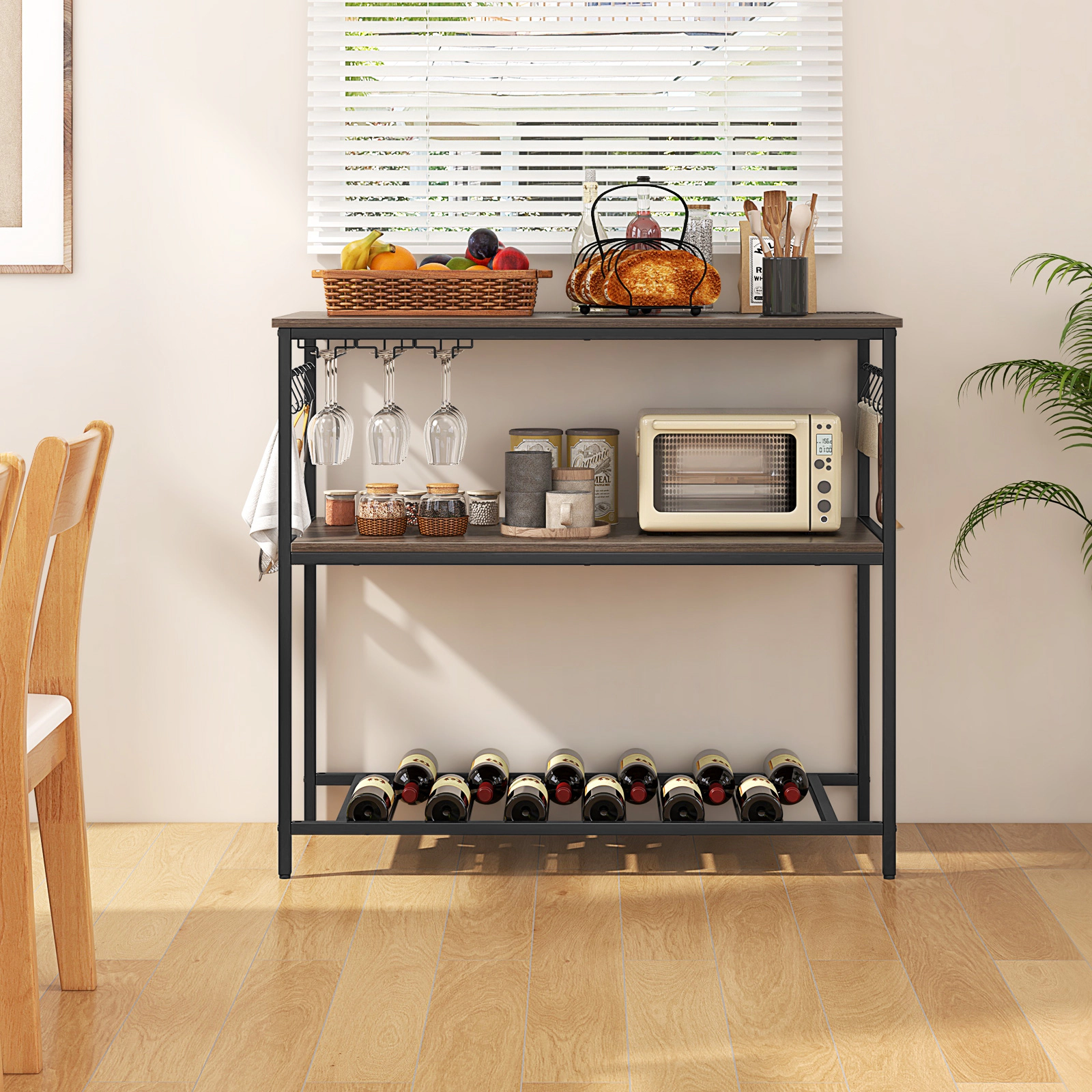 SUGIFT Kitchen Island with 3 Shelves Wine Glass Holders and 10 Hooks 165-lb Top Capacity Gray + Black
