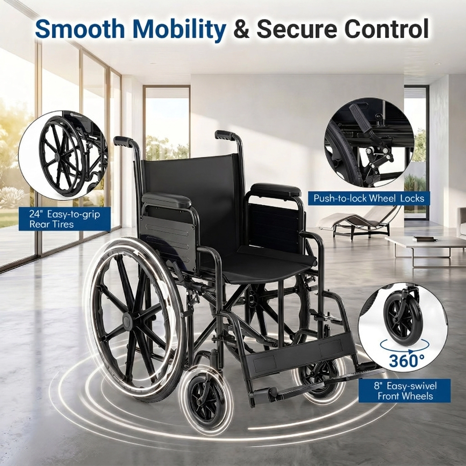 SUGIFT Black Folding Wheelchair with Swing-Away Footrests and Desk Arms 40-in W 26-in D 330-lb Seat Capacity