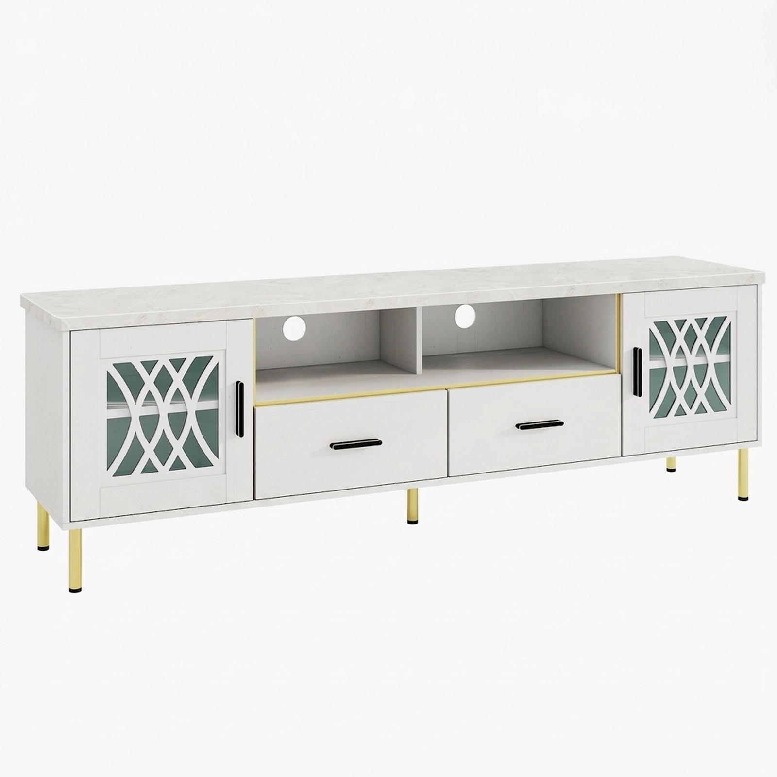 SUGIFT 71 in TV Stand White and Gold with Faux Marble Top and Patterned Glass Doors