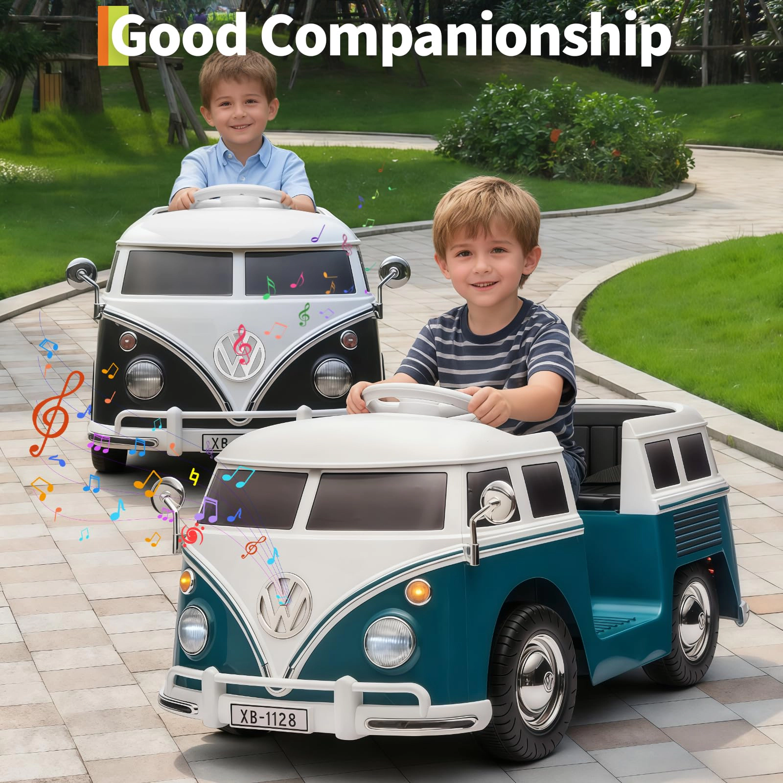 Enjyam 6V Licensed Volkswagen T1 Bus Ride-On Car for Kids with LED Lights, Horn, Music & Two Speeds
