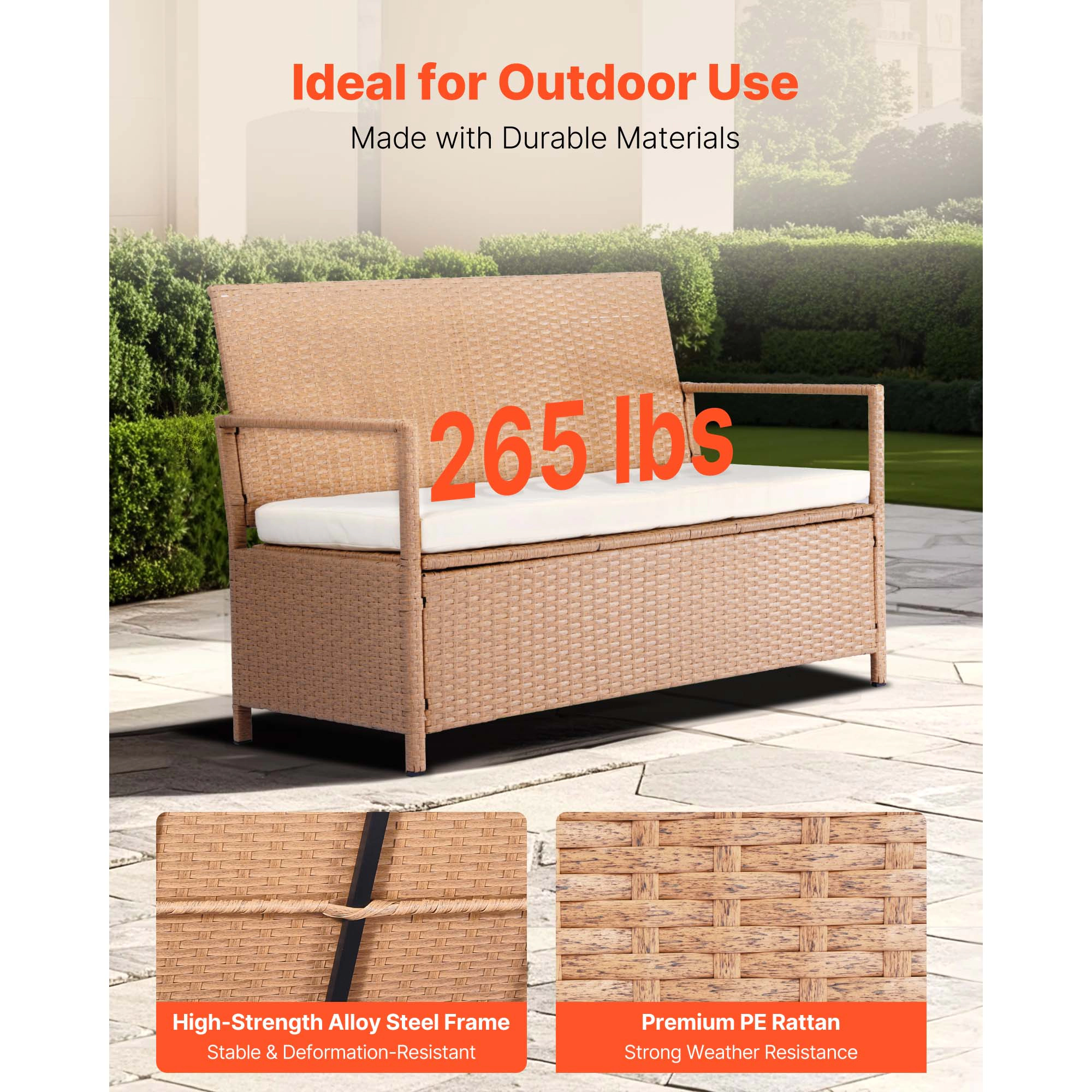 HONGGE Outdoor Storage Bench 2-Person PE Rattan Storage Bench Deck Box with Cushion Supports Weatherproof Outdoor