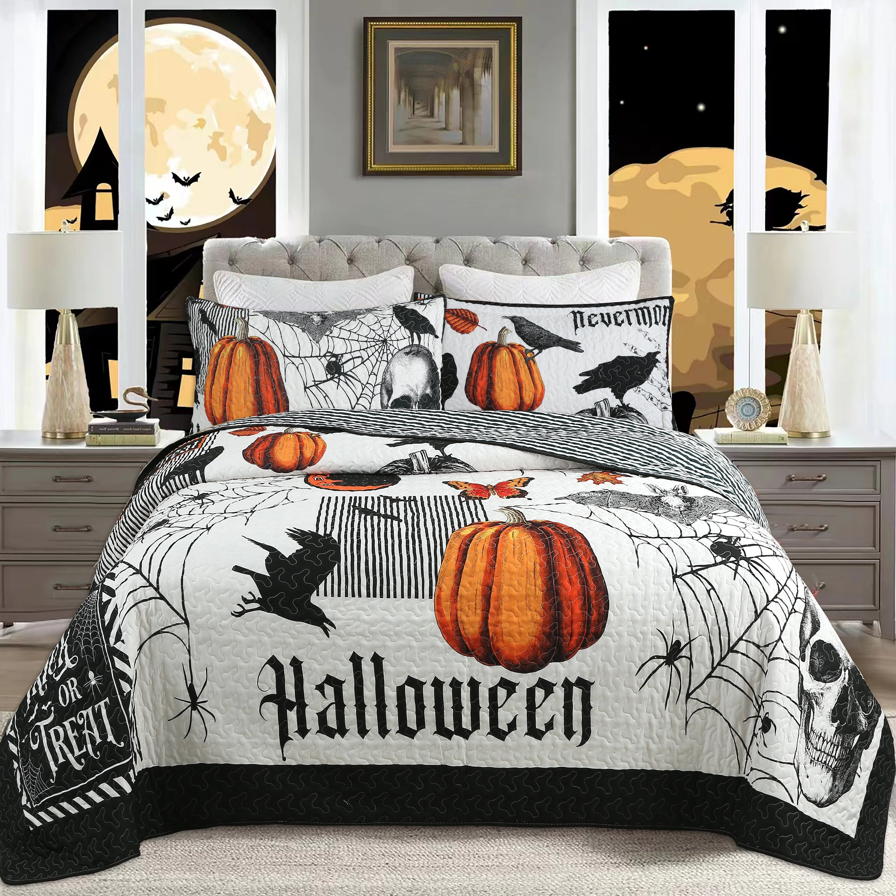 MarCielo 3 Piece Halloween Quilt Set - Skull & Pumpkin Print Bedspread