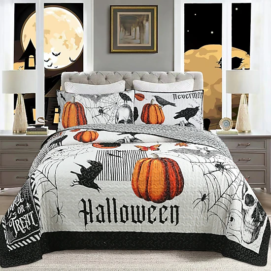 MarCielo 3 Piece Halloween Quilt Set - Skull & Pumpkin Print Bedspread