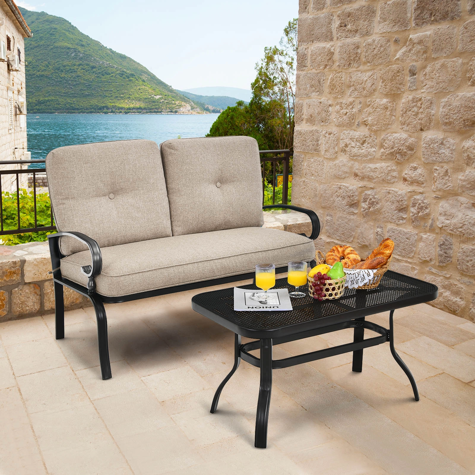 SUGIFT 2-Piece Steel Patio Conversation Loveseat Bench and Coffee Table Set 550-lb Capacity with Cushions Beige
