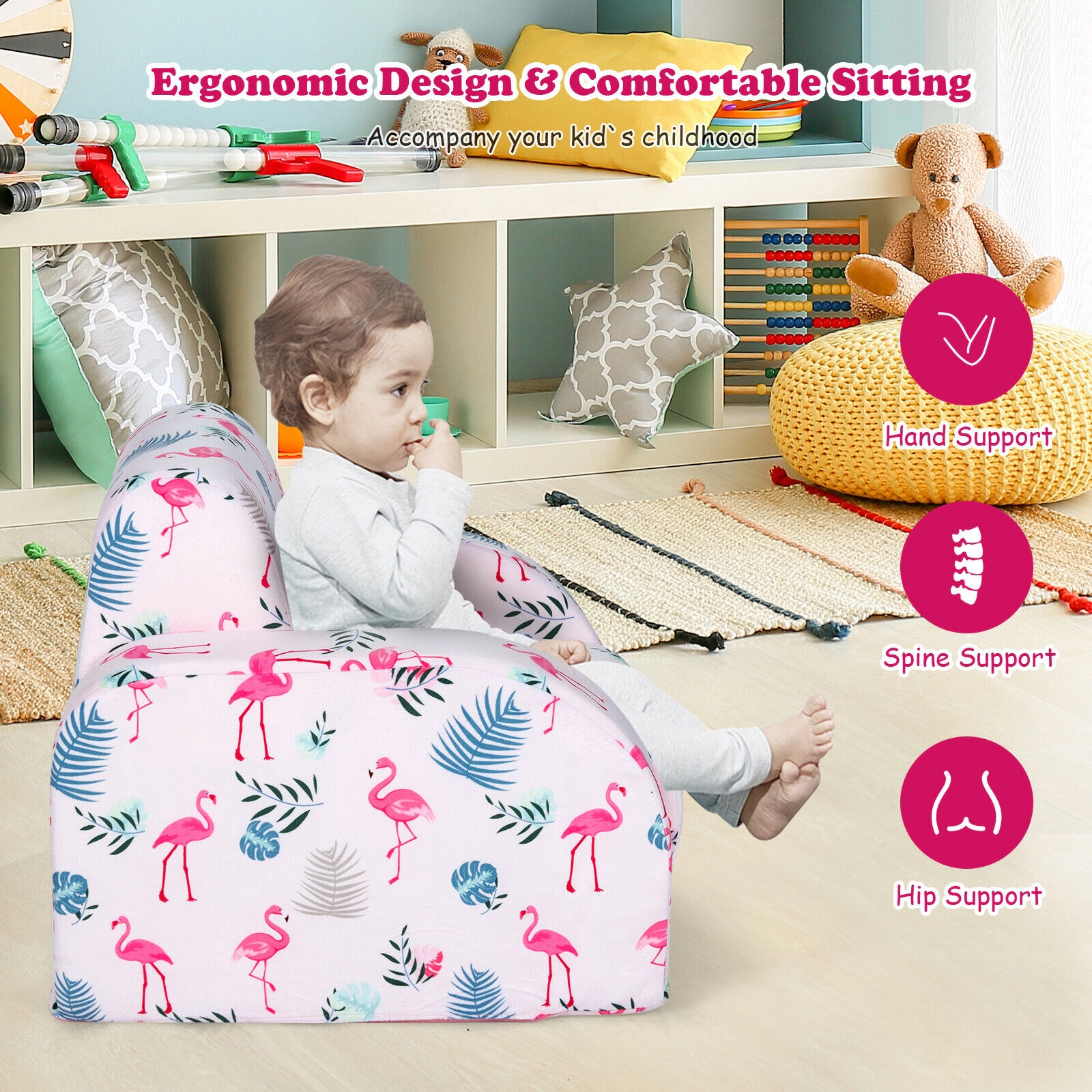SUGIFT 3-in-1 Convertible Kids Sofa Bed Flip-Out Chair Lounger 66-lb Capacity Under 4 Years Pink