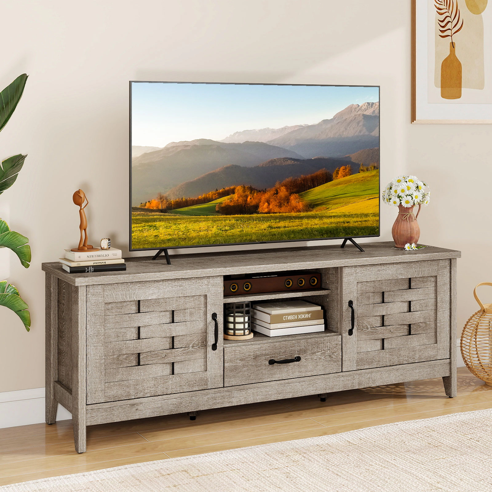 LJG Farmhouse TV Stand for 65 Inch TVs with 2 Woven Accent Doors and 3 Adjustable Shelves