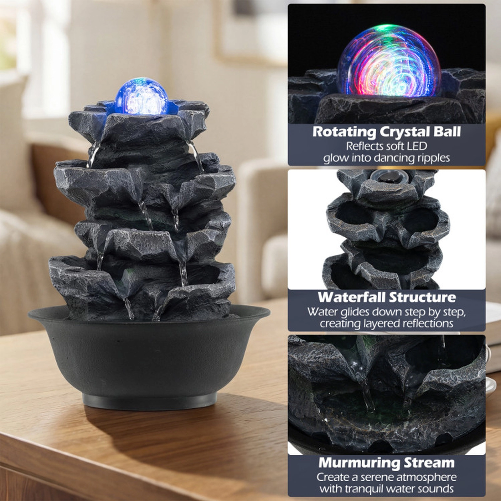SUGIFT Rolling Crystal Ball Tabletop Water Fountain Color-Changing LED Light PP Resin 8.5 x 10.5-in 2.5-lb Black