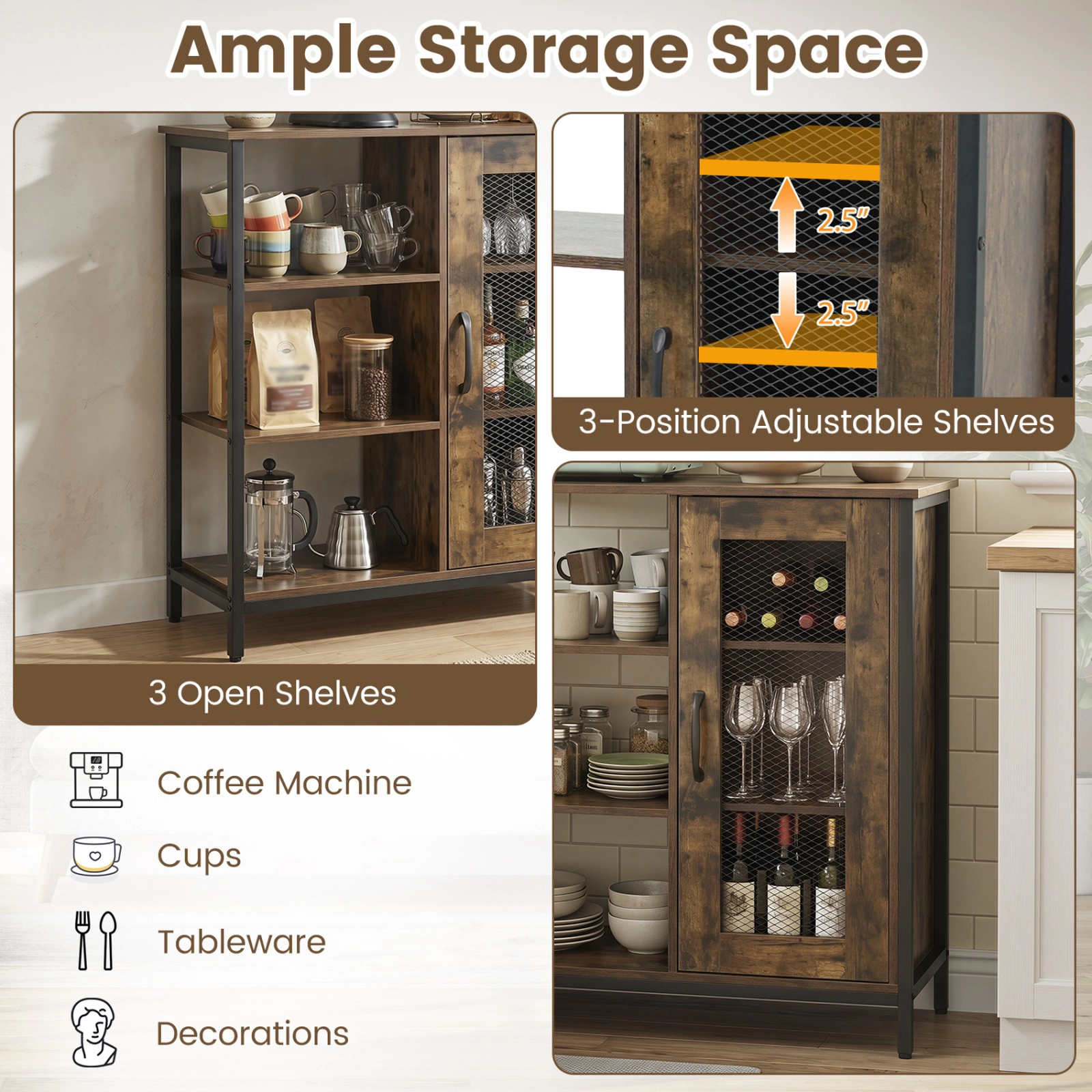SUGIFT Industrial Side Cabinet Rustic Brown with Metal Mesh Doors and 3 Open Shelves