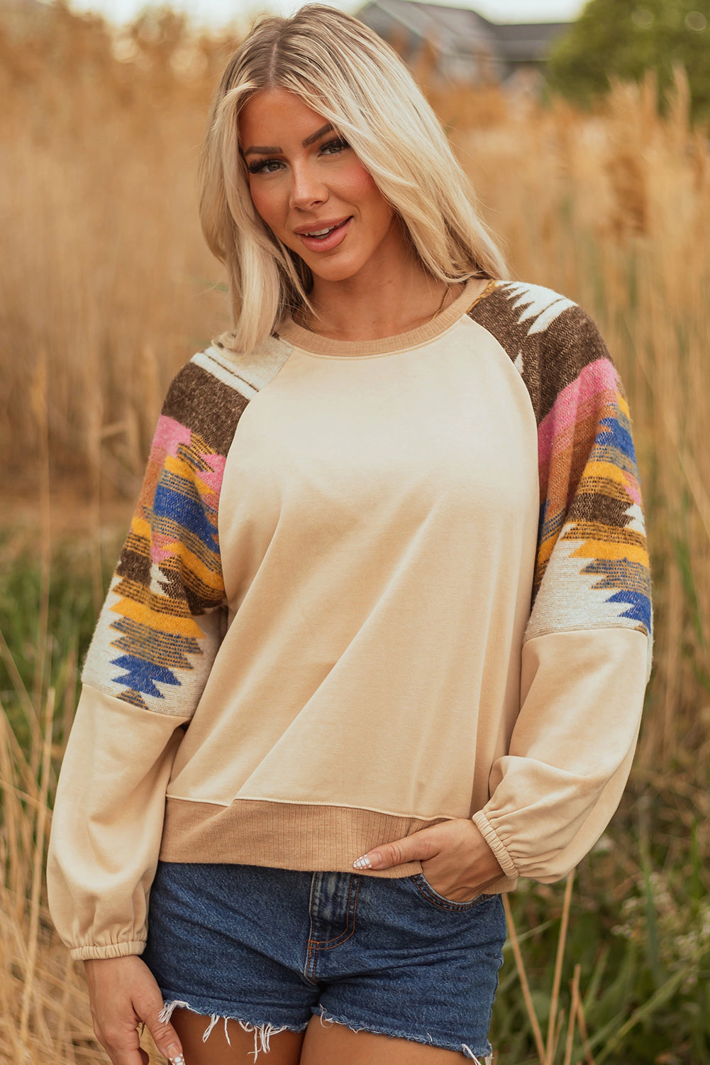 Threaded Pear Women's Logan Aztec Patchwork Raglan Pullover Sweatshirt