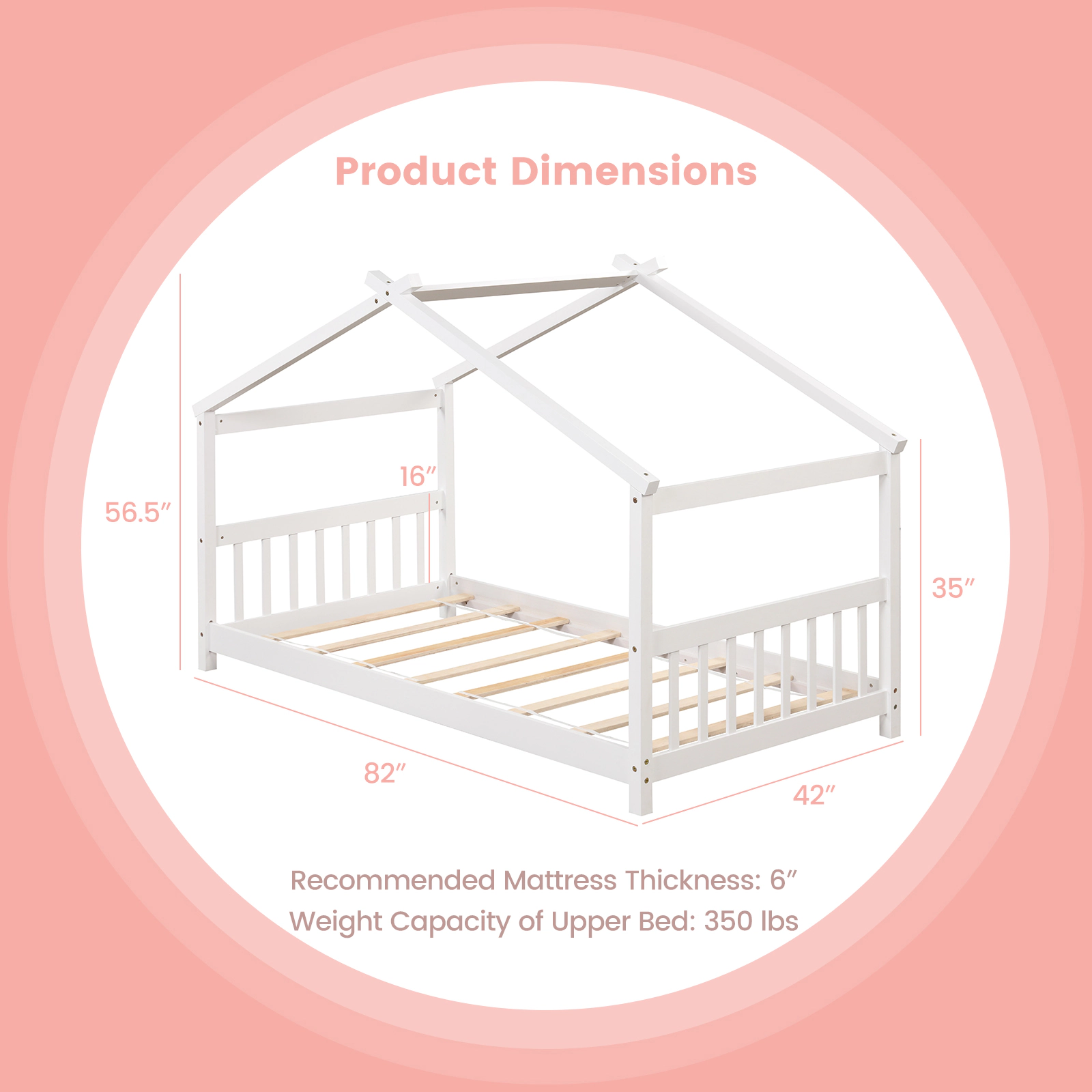 SUGIFT White Roof Frame for Kids Twin Size Wooden House Bed