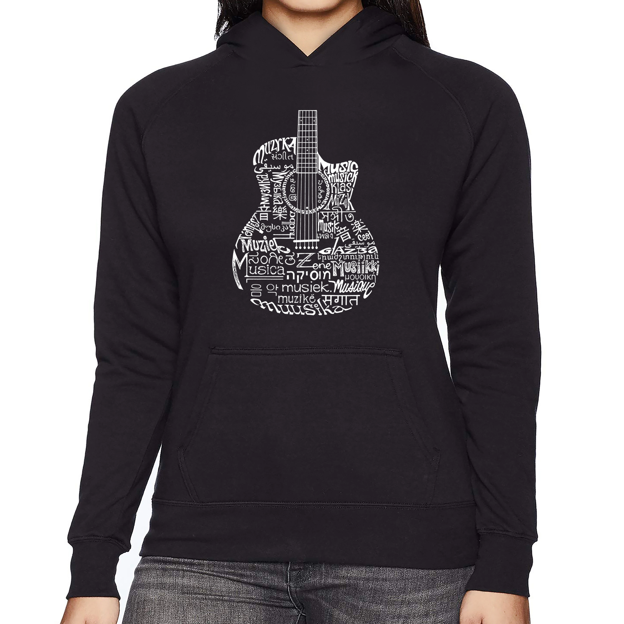 LA Pop Art Languages Guitar - Women's Word Hooded Sweatshirt