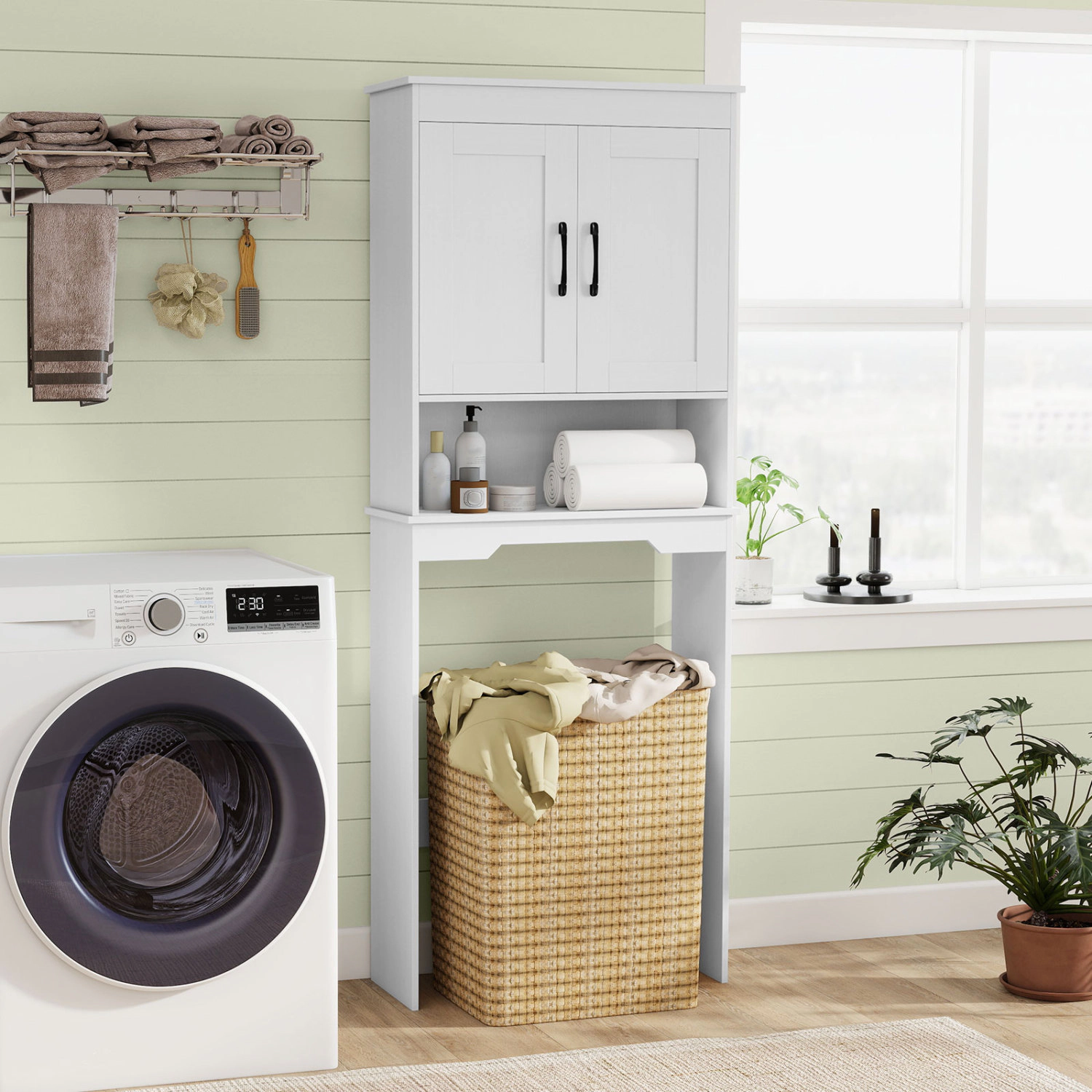 Slickblue White Over Toilet Storage Cabinet with Adjustable Shelf and Open Shelf