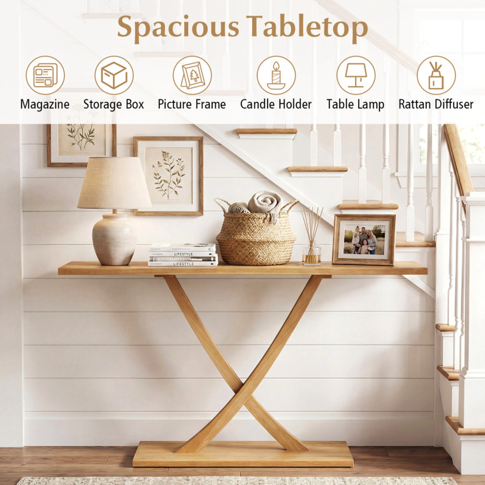 SUGIFT Solid Teak Wood Geometric X Frame 1.2-in Thick Top Console Table 57-in x 12-in x 32-in 110-lb Capacity Natural