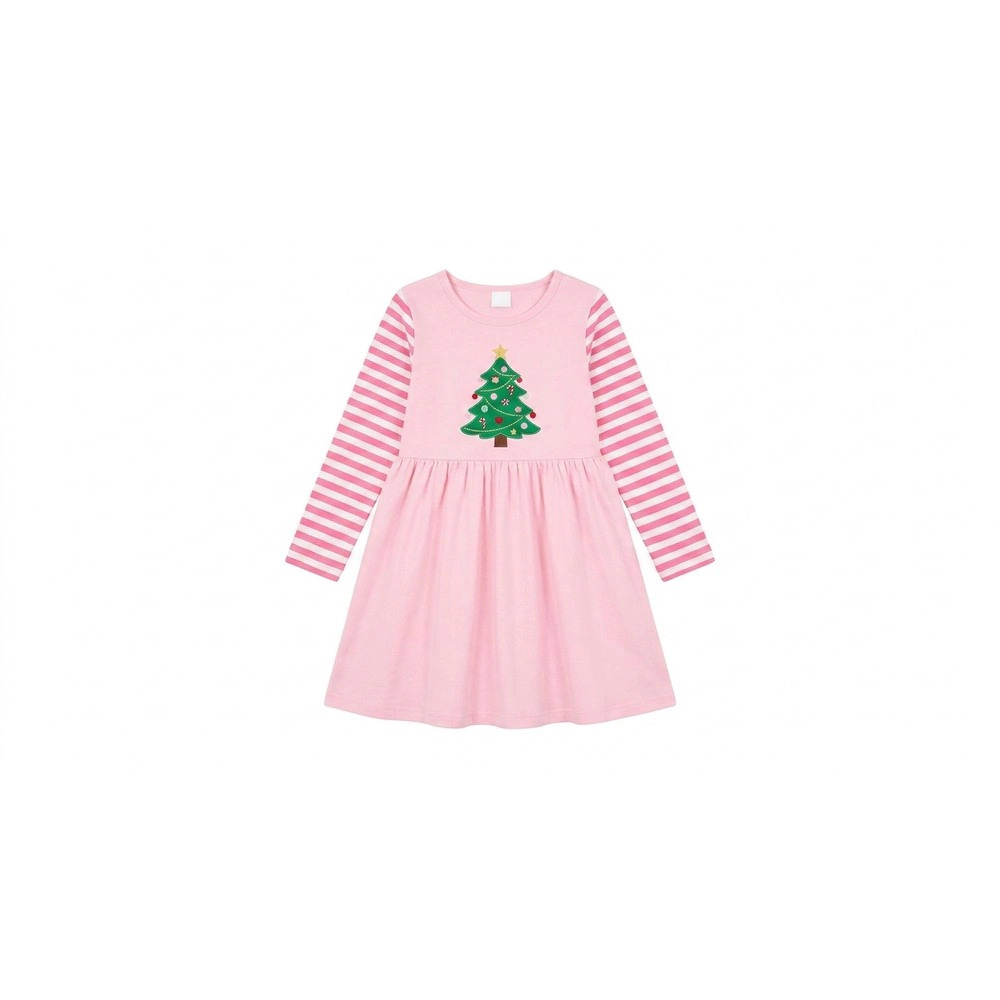 19076 Baby Girl Christmas Tree Print Striped Kimono-Sleeve Princess Dress