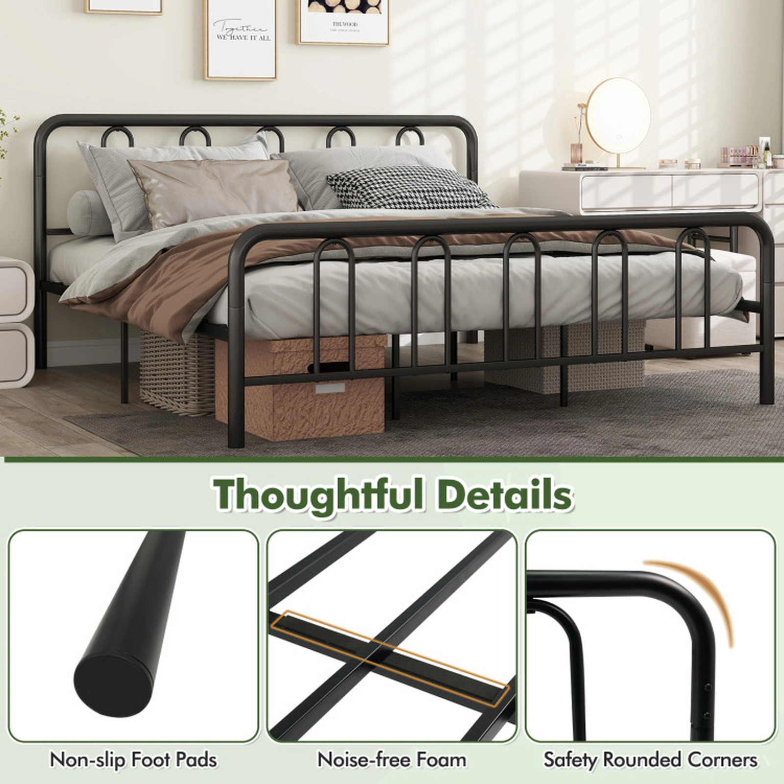 SUGIFT Full, Queen and King Size Steel Platform Bed Frame with Headboard and Footboard 1100-lb Capacity Black