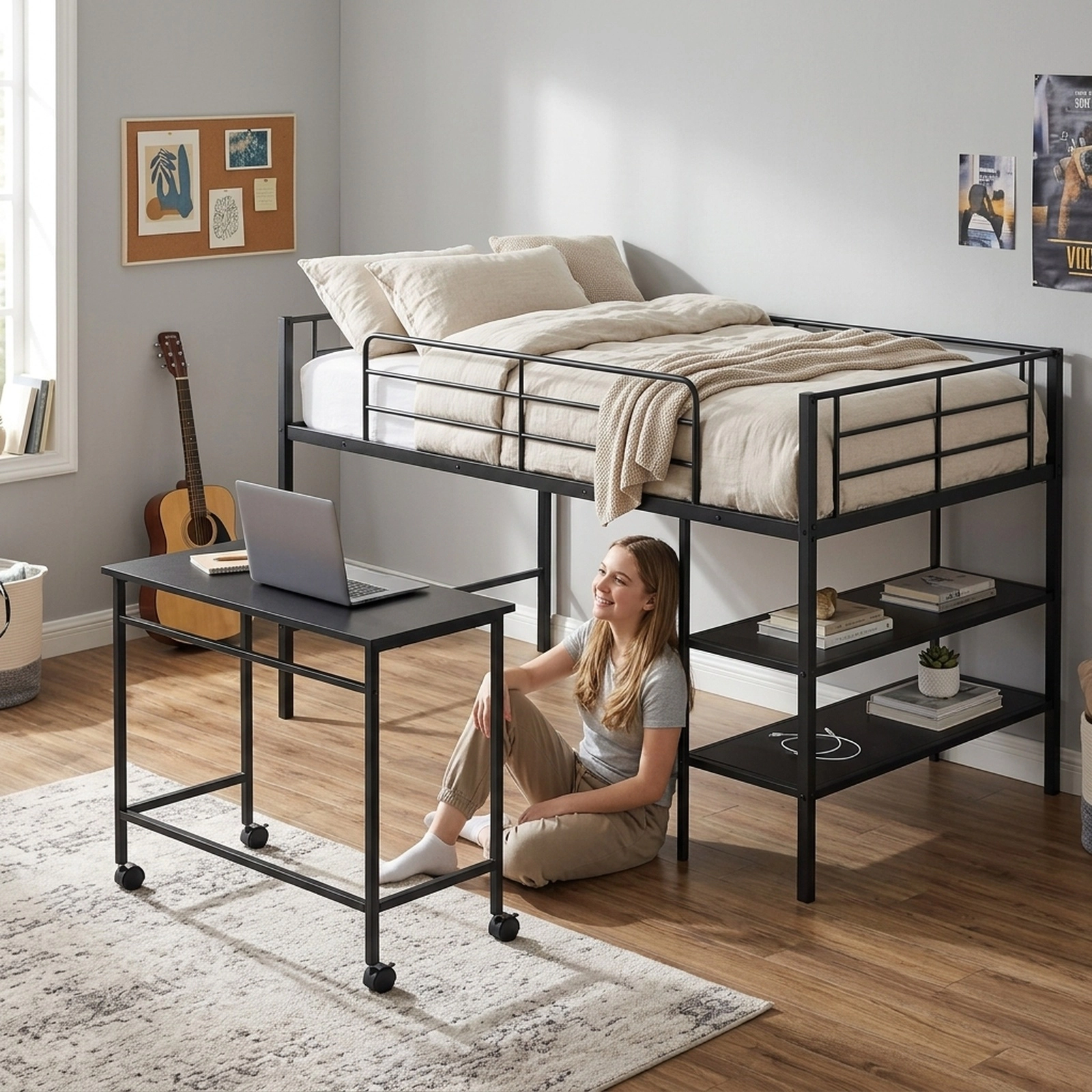 SUGIFT Twin Loft Bed with Rolling Desk and Bookshelf, Black Metal and Wood Frame