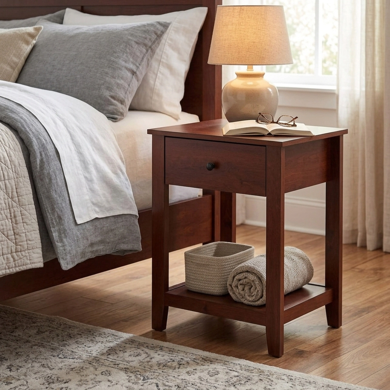 SUGIFT Night Stand End Side Table with Drawer and Storage Shelf 110-lb Tabletop Capacity Brown
