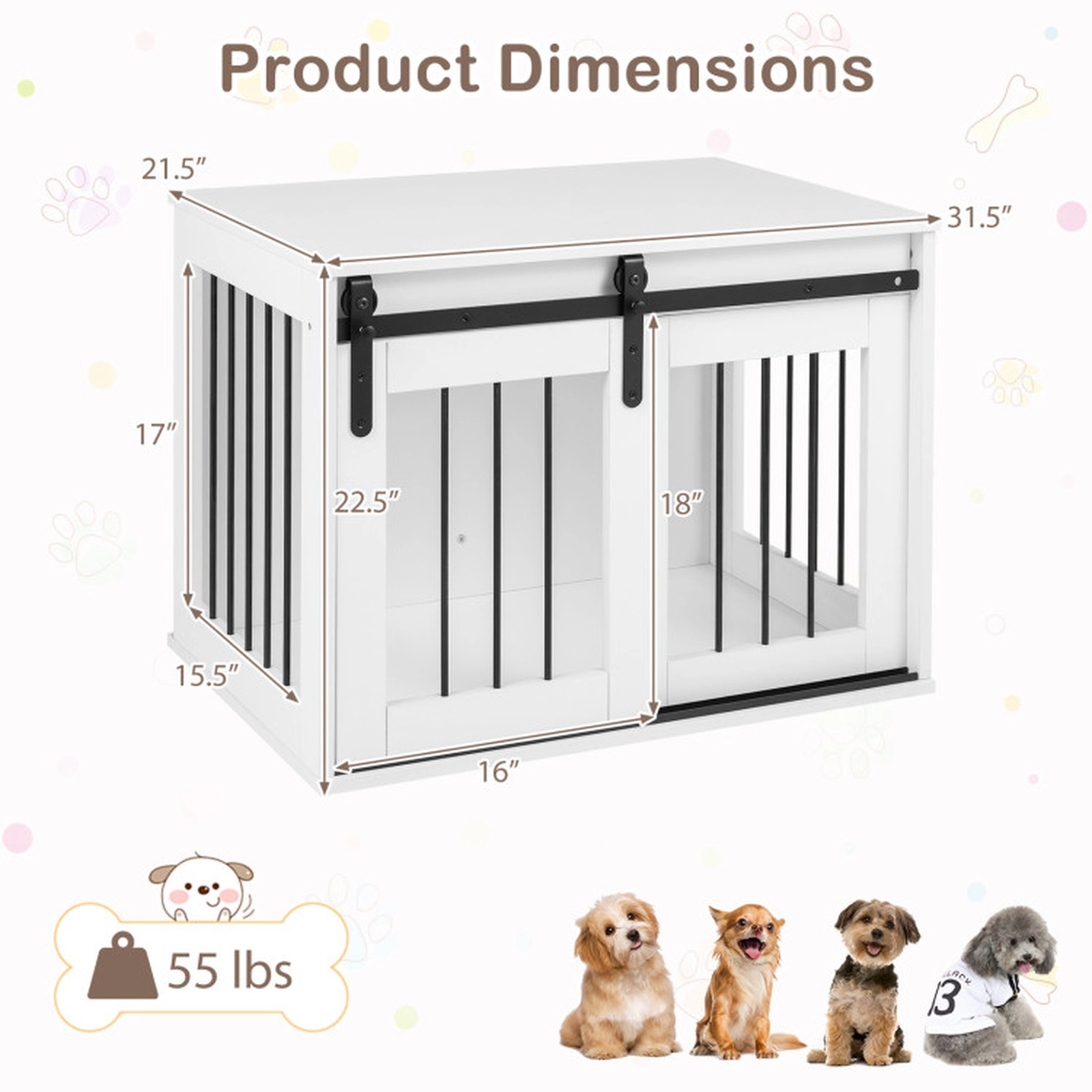 SUGIFT White 31.5-in Dog Crate Furniture Kennel with Sliding Barn Door Slatted Side Windows and Tabletop