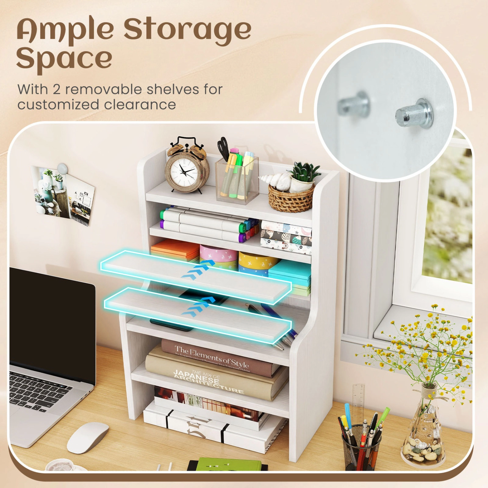 SUGIFT 6-Tier 55-lb Capacity White Mini Desktop Bookshelf Organizer with 2 Removable Shelves