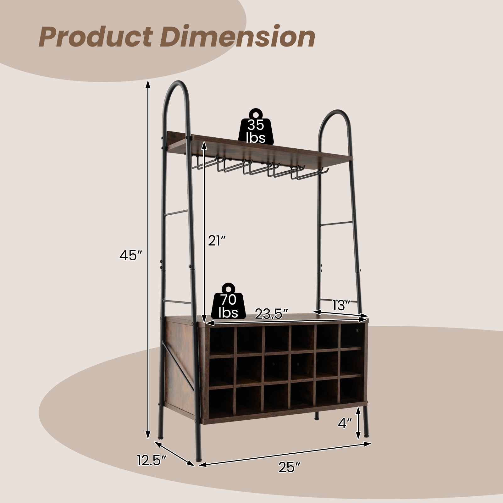 SUGIFT Bakers Rack Rustic Brown with Detachable 18-Bottle Wine Rack and Stemware Holder