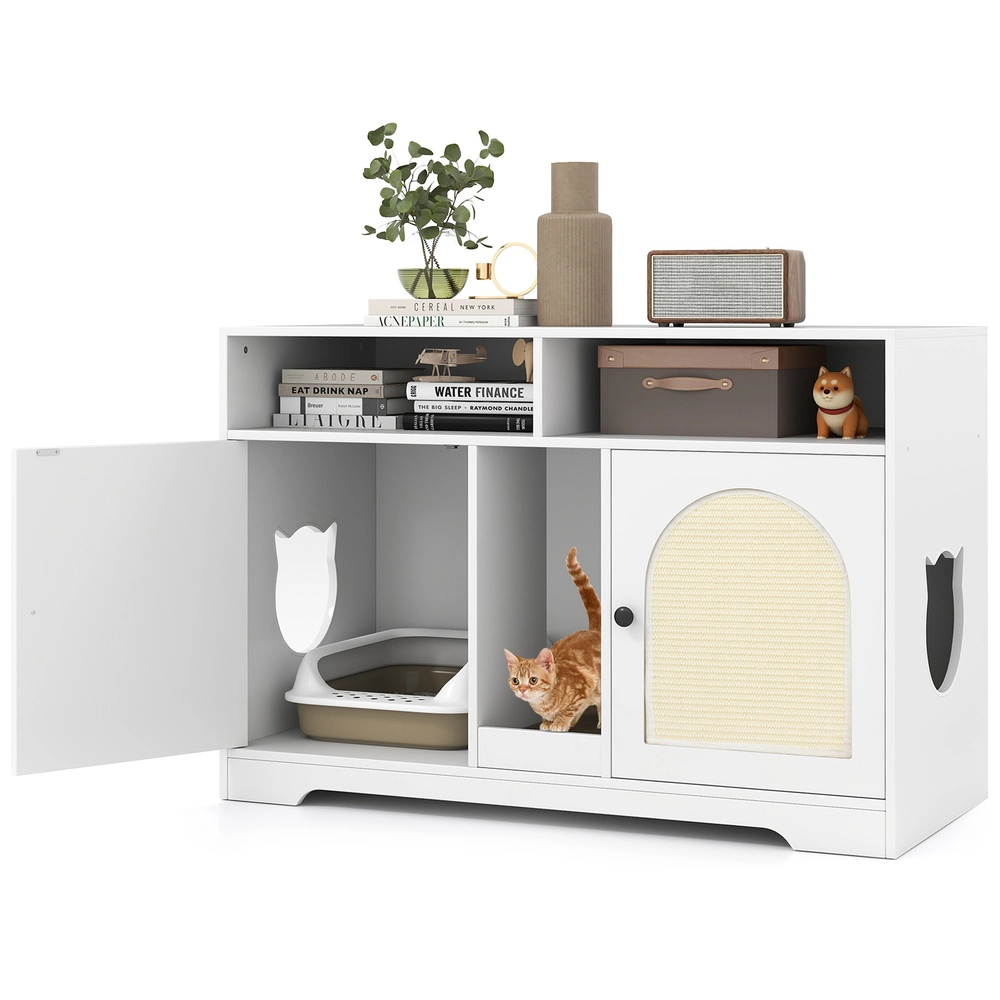 SUGIFT 43-in Wide Cat Litter Box Enclosure Cabinet with Double Rooms Scratching Board Storage Shelves White