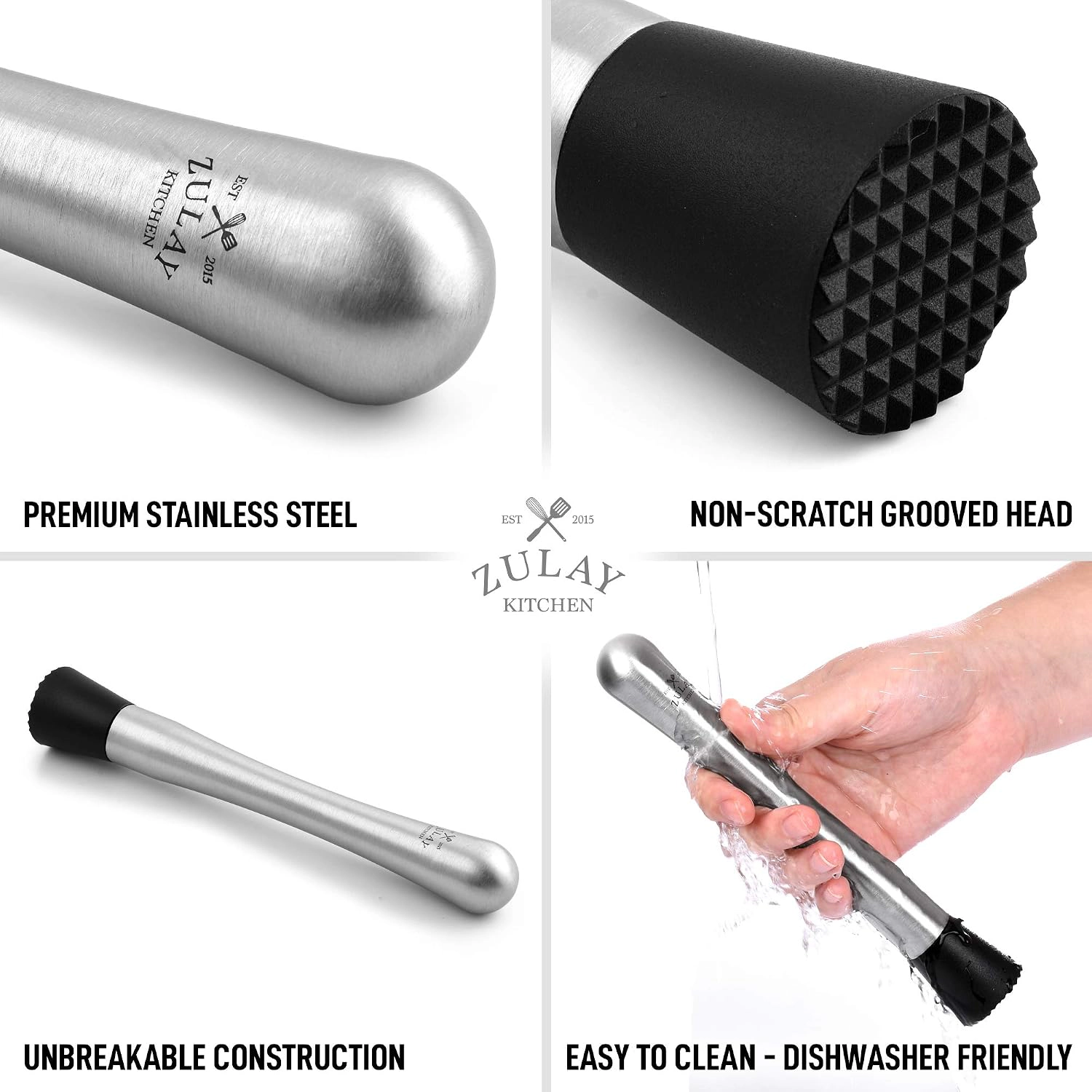 Zulay Kitchen (8 inch) Stainless Steel Muddler for Cocktails - Professional Cocktail Muddler with Grooved Nylon Head
