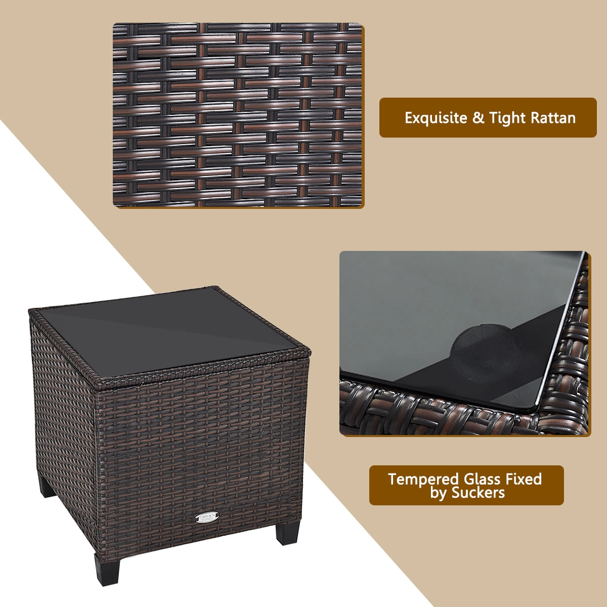 SUGIFT 3-Piece Navy Rattan Patio Conversation Set with Steel Frame, Glass Table and 4 Cushions