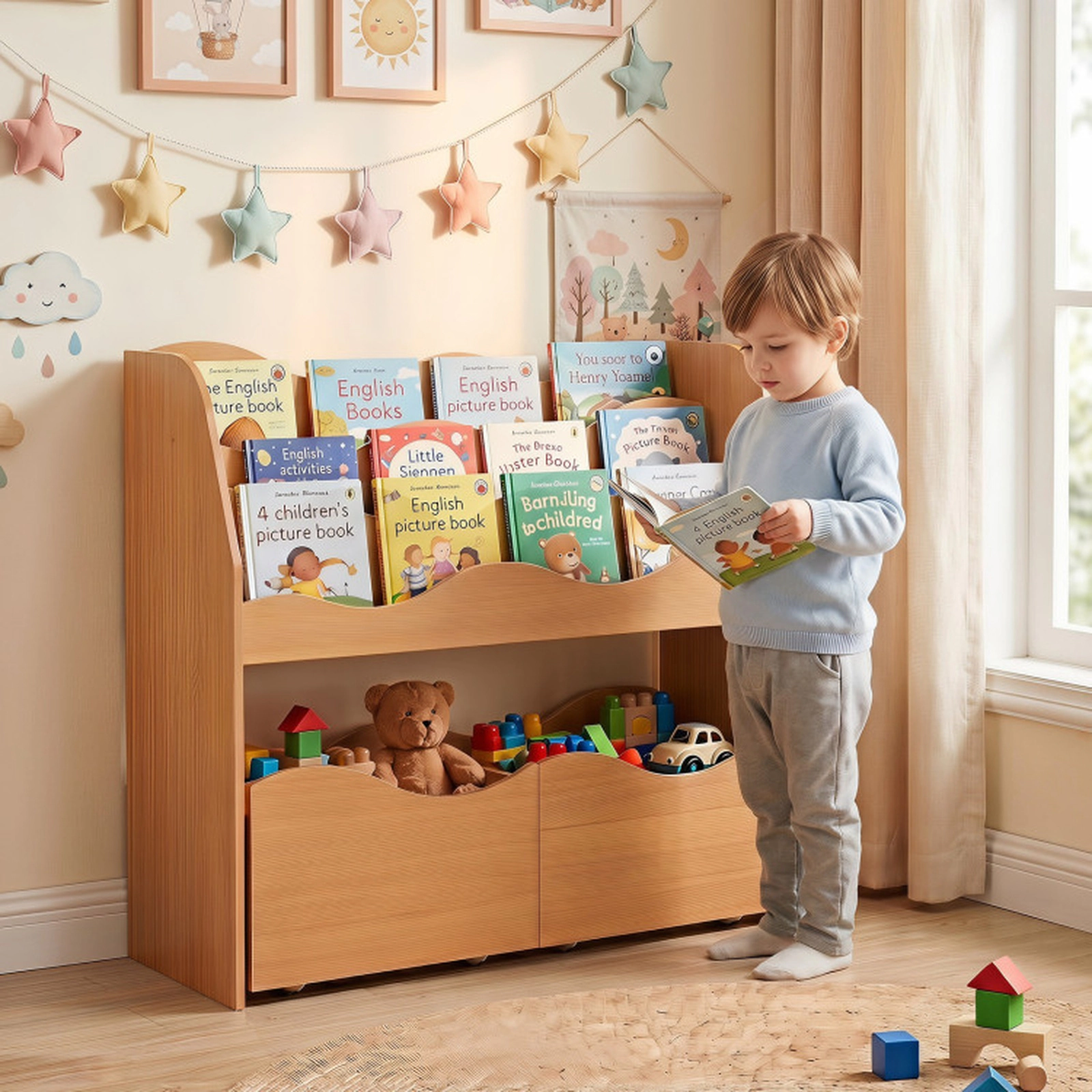 SUGIFT Kids 3-Tier Bookshelf 2 Rolling Drawers Toy Storage Organizer 32.5-in x 12-in x 30-in 33-lb Capacity Natural