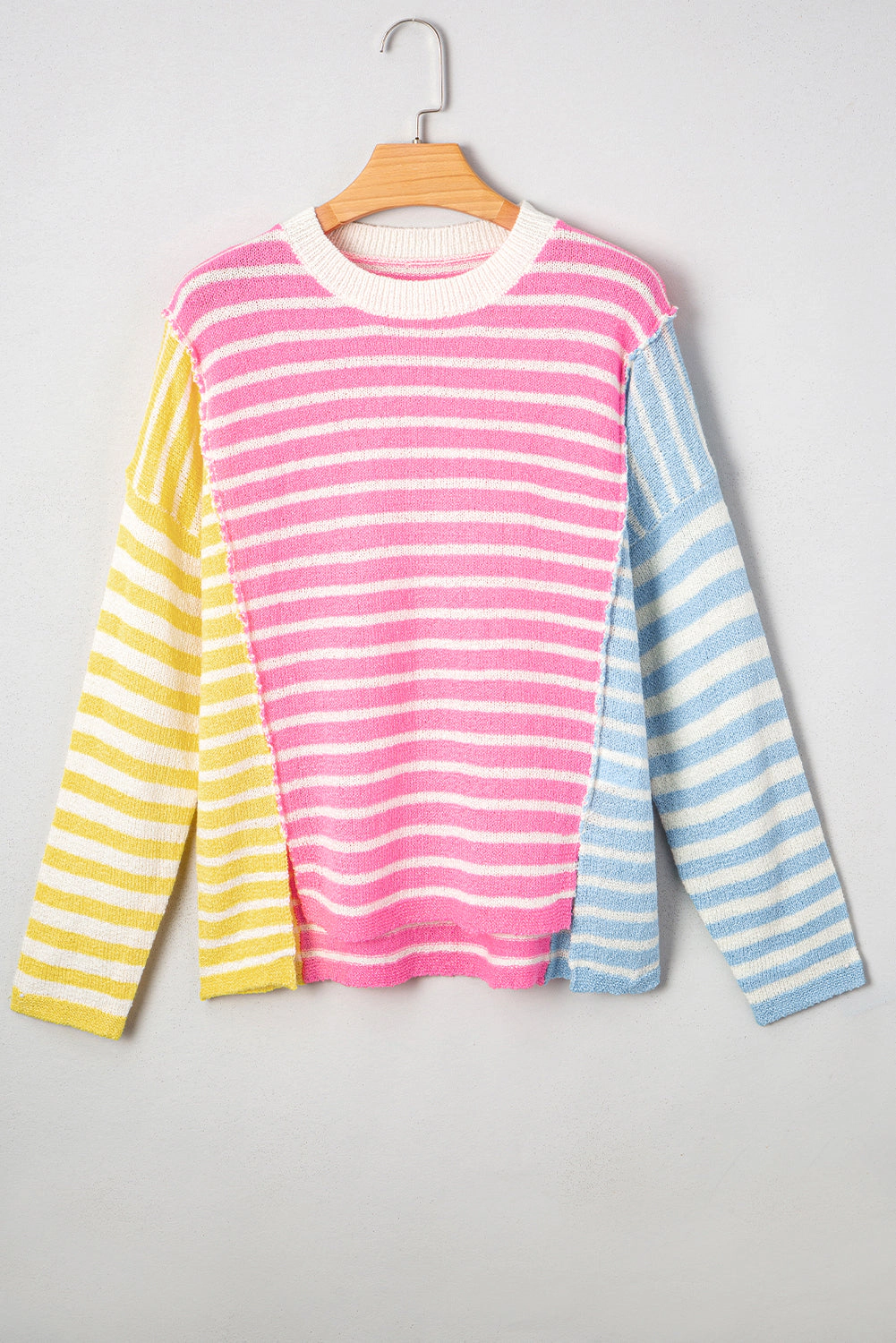 Threaded Pear Women's Esther Striped Patchwork Dolman Sleeve Slit Sweater