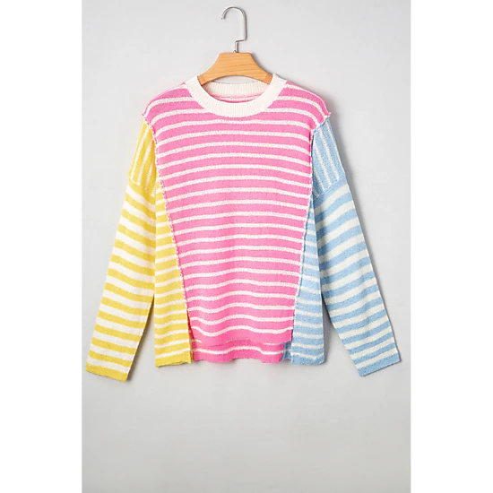 Threaded Pear Women's Esther Striped Patchwork Dolman Sleeve Slit Sweater