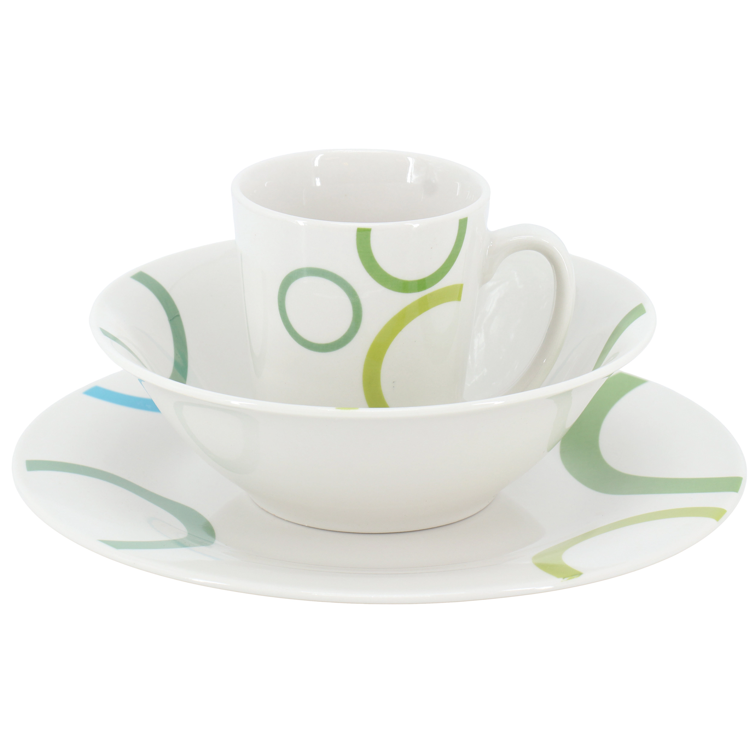 Gibson Home Green Loops 12 Piece Round Fine Ceramic Dinnerware Set in White