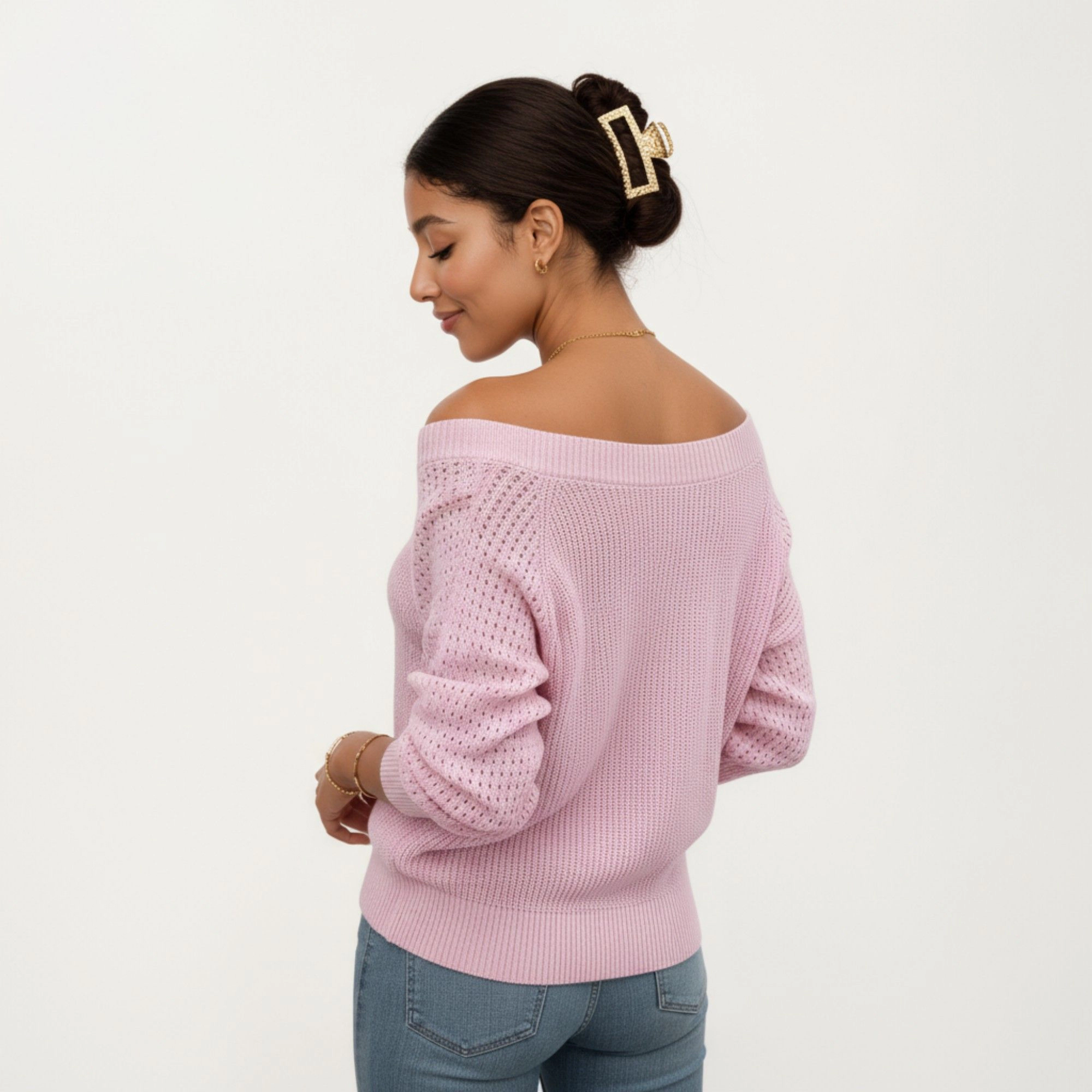 Anna-Kaci Women's Pointelle Sleeve Off Shoulder Relaxed Fit Knit Sweater