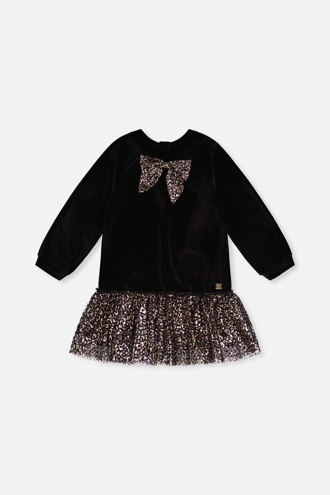 Deux par Deux Girls Bi-Material Raglan Long Sleeve Metallic Leopard Print Dress