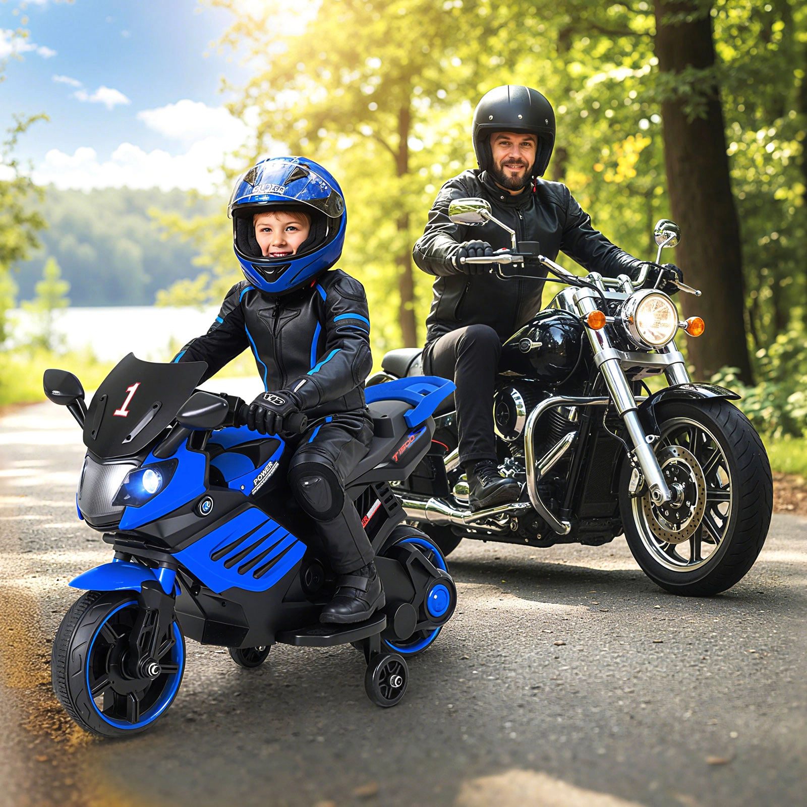 LJG 6V Kids Motorcycle with Headlights Music and Detachable Training Wheels