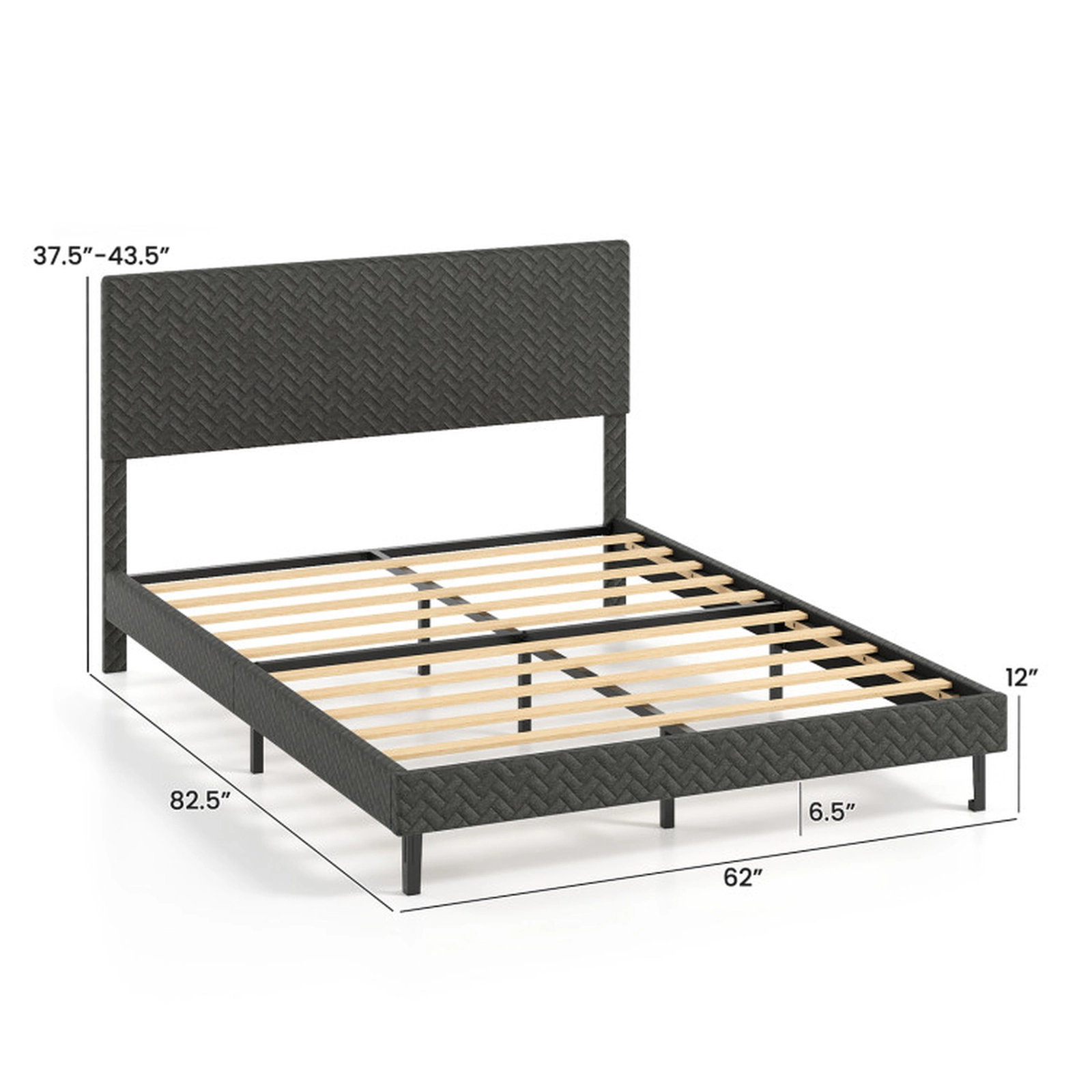SUGIFT Gray Adjustable Chevron Headboard Queen Size Velvet Upholstered Platform Bed