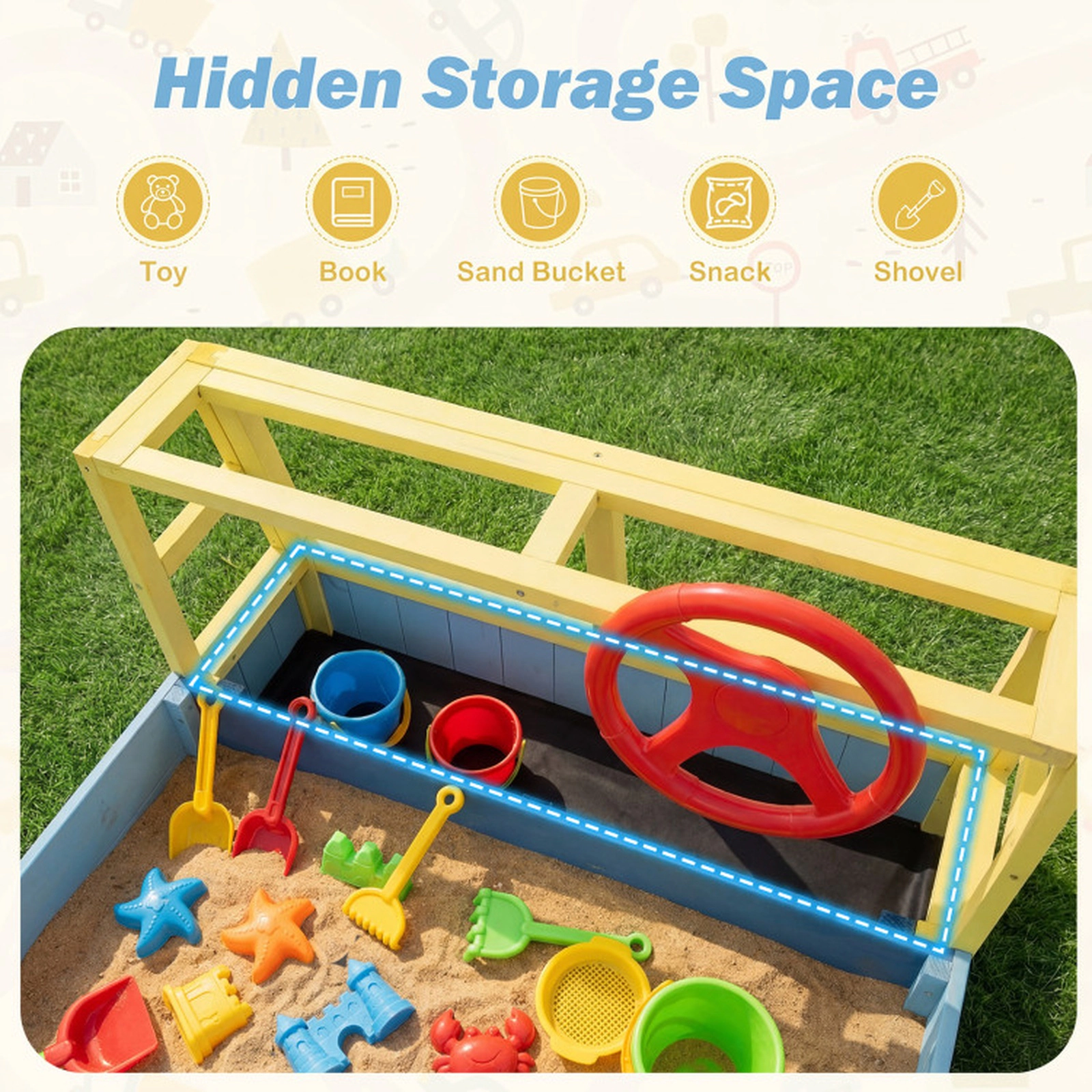 SUGIFT Blue Bottom Liner Bench Seat and Fir Wood Frame Large Car-Theme Kids Sandbox