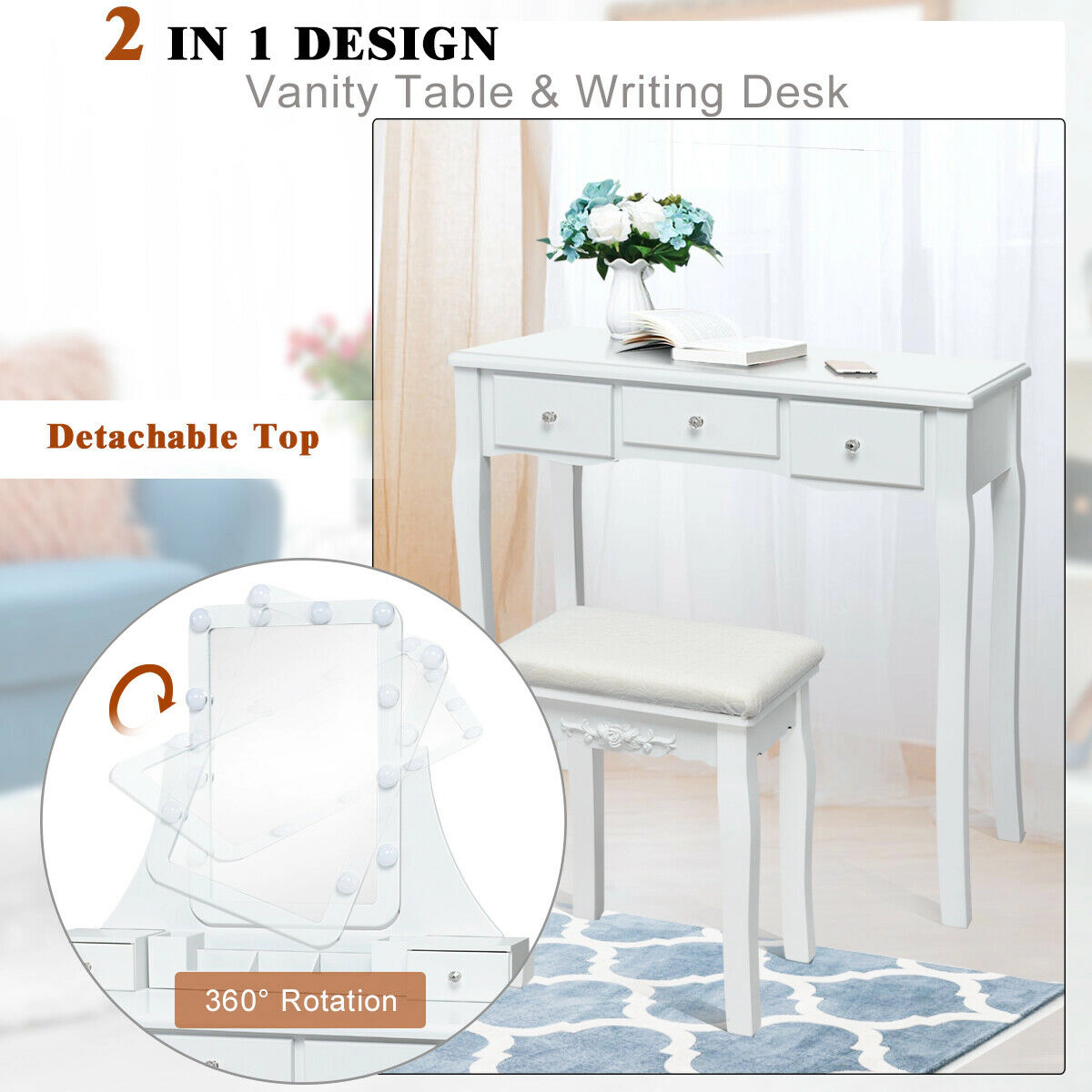 SUGIFT 10 Dimmable Light Bulbs Vanity Dressing Table with Removable Storage Box & Cushioned Stool 286-lb Table Capacity