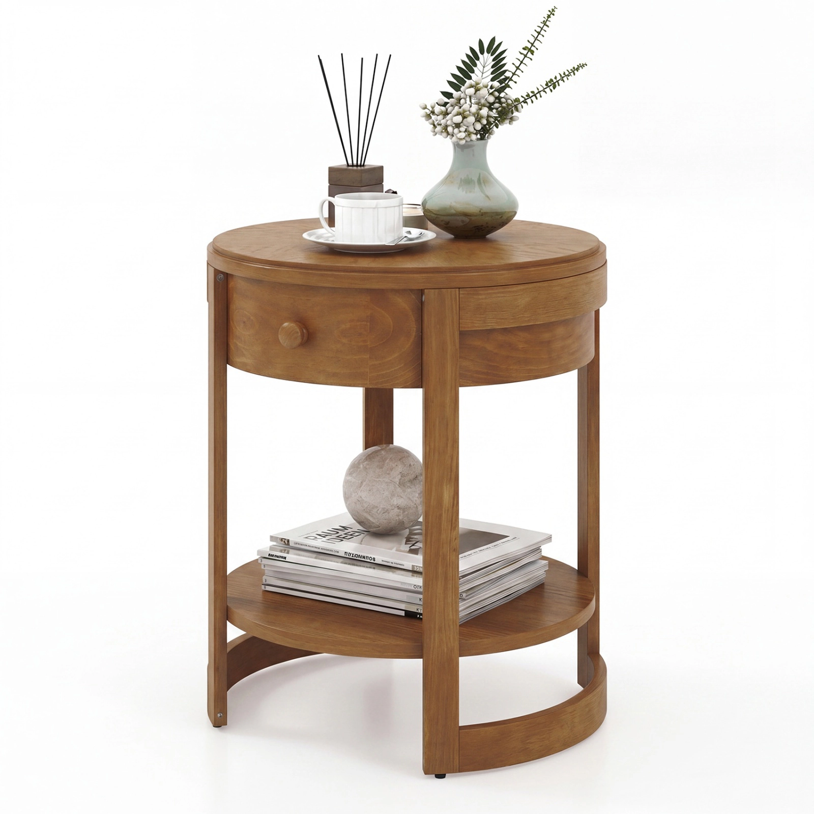SUGIFT 2-Tier Round End Table with Drawer 190-lb Tabletop Capacity Mid Century Nightstand Brown/White