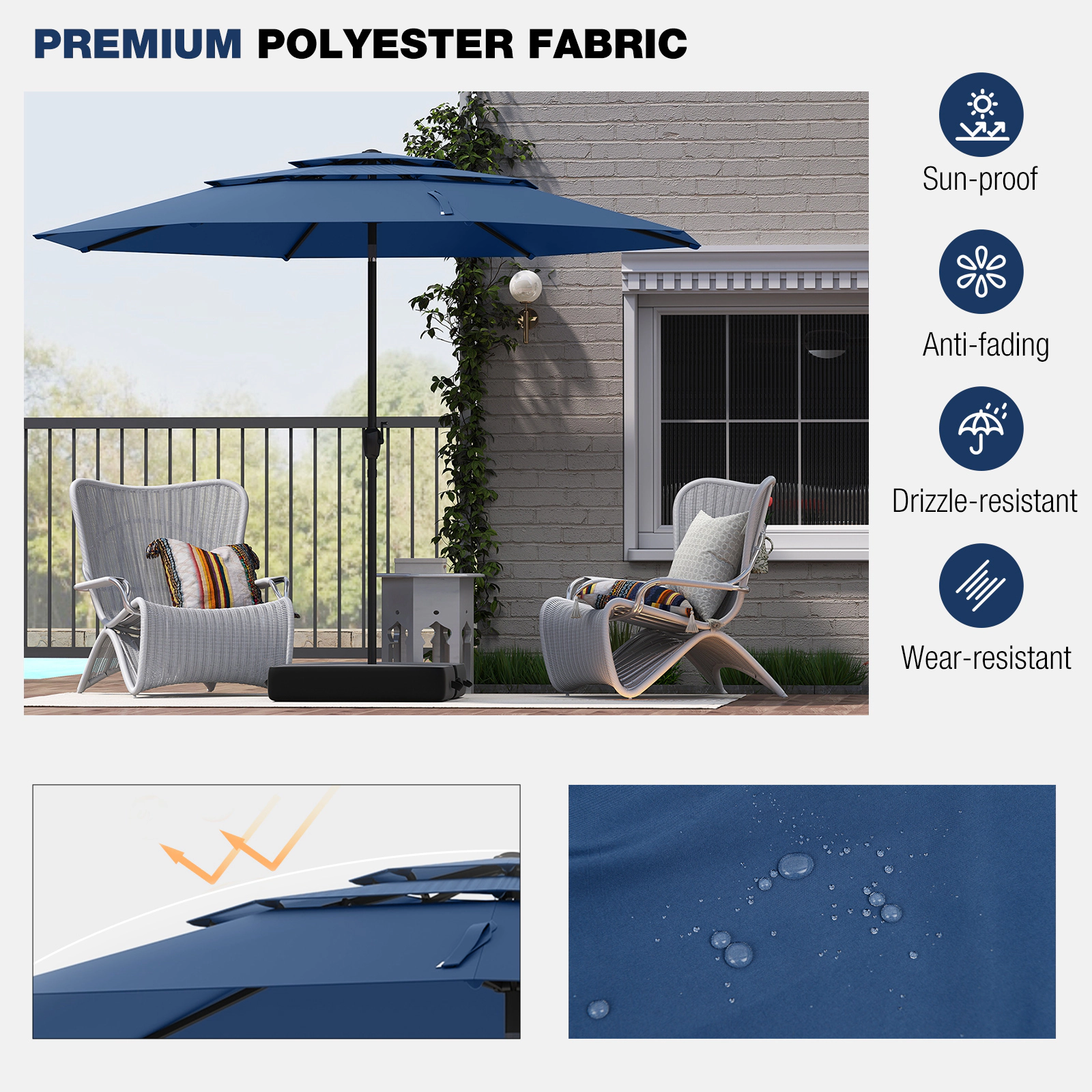 SUGIFT 10-ft Navy 3-Tier Vented Market Patio Umbrella with One-Button Tilt and 6.5-ft Rim Clearance