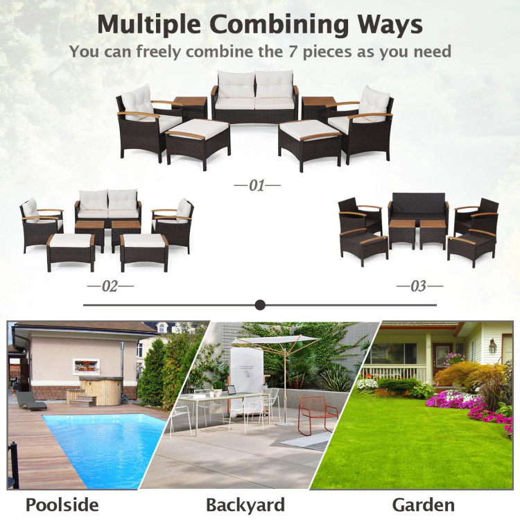 Hivvago 7 Piece Rattan Patio Sofa Set With Acacia Wood Tabletop And Armrests