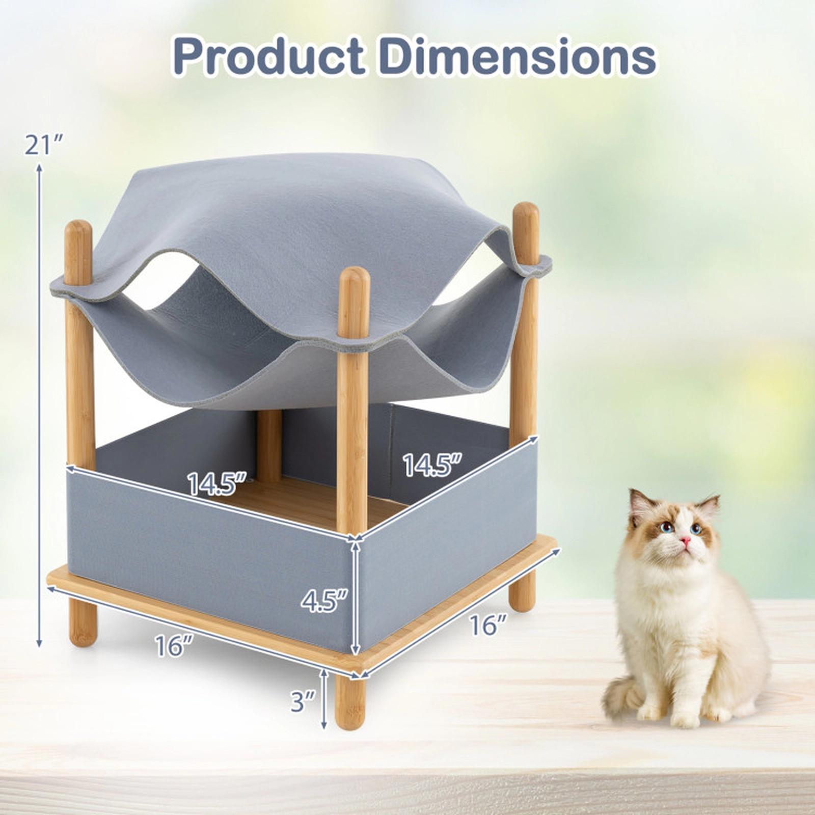 SUGIFT 21-in 2-Tier Bamboo Cat House with Convertible Hammock Condo Storage Shelf and Tool-Free Assembly