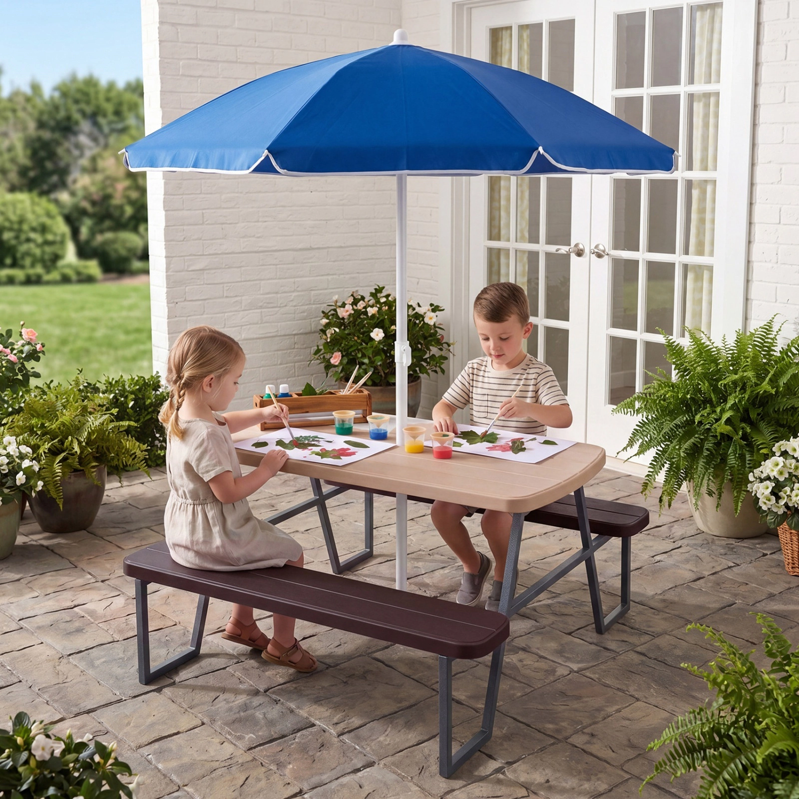SUGIFT 4-Seat Kids Picnic Table with Foldable Umbrella, HDPE Top, Brown