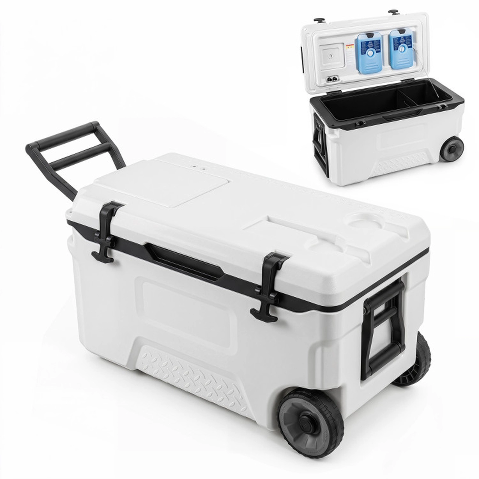 SUGIFT 53 Quart Rolling Insulated Cooler with 220-lb Load Capacity and Fish Ruler 29.5-in Body Black/White/Gray