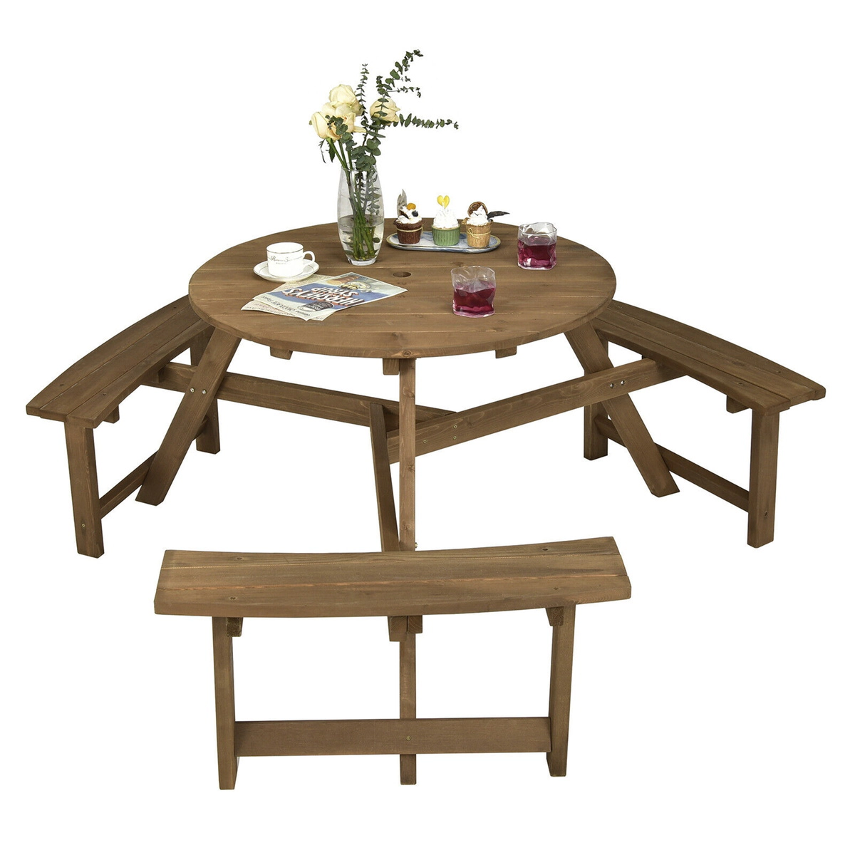 SUGIFT 6-Person Round Wooden Picnic Table with 3 Built-in Benches & Umbrella Hole 220-lb Tabletop Capacity 500-lb Bench