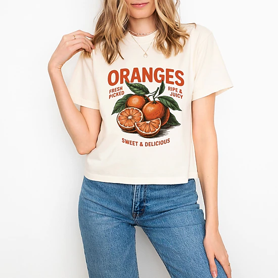 Simply Sage Market - Fresh Picked Oranges Vintage - Women's Boxy Crop Top Graphic T-Shirt