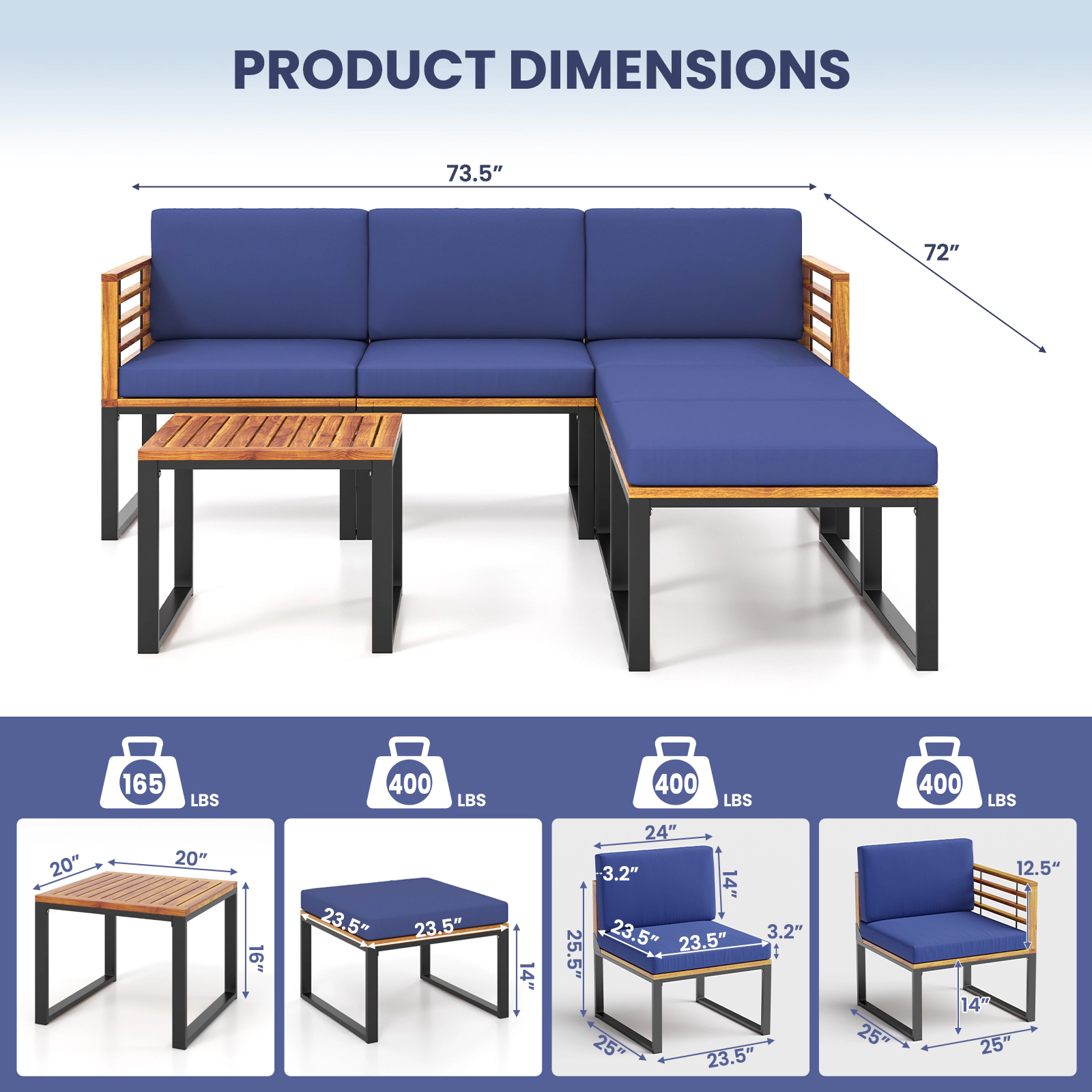 SUGIFT 6-Piece 400-lb Seat Capacity Navy Acacia Wood Patio Sectional Sofa Set with 2 Ottomans and Table