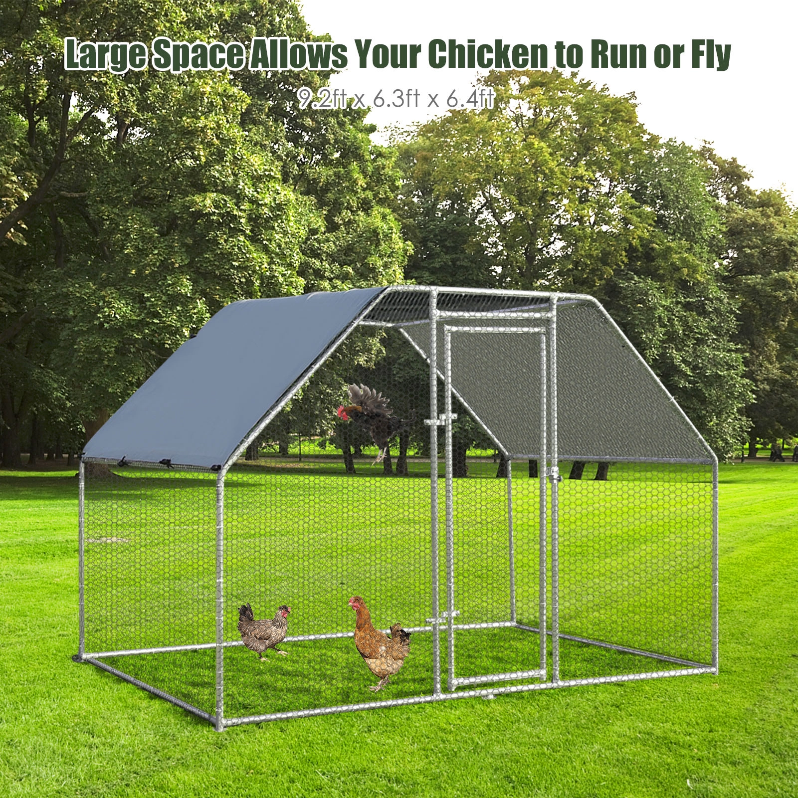 SUGIFT 9.5-ft x 6.5-ft Gray Walk-in Chicken Run Cage with PVC Coated Wire Mesh and Lockable Steel Door