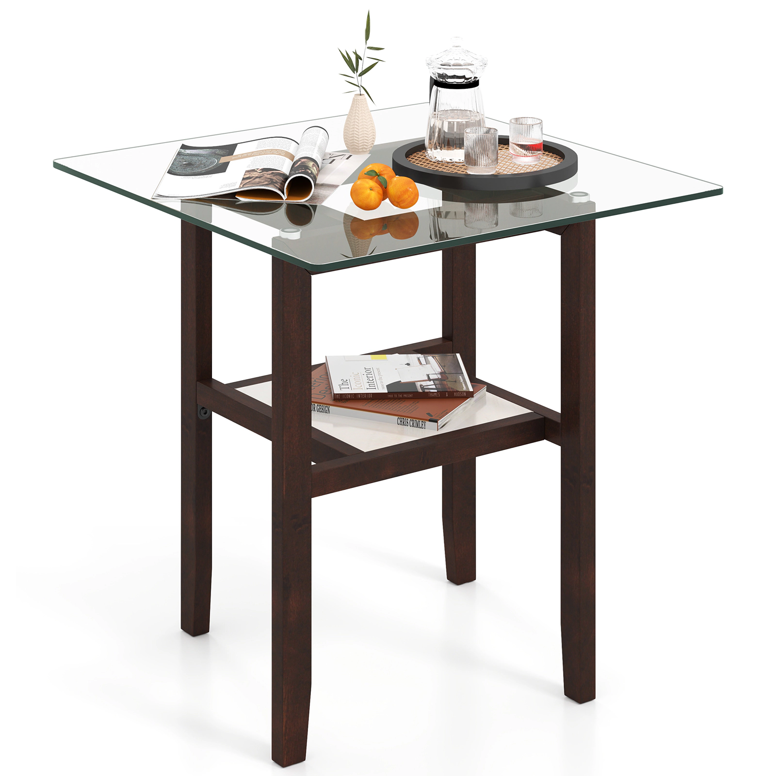 Glintex 24-Inch Square Tempered Glass Coffee Table with Rubber Wood Legs, Transparent